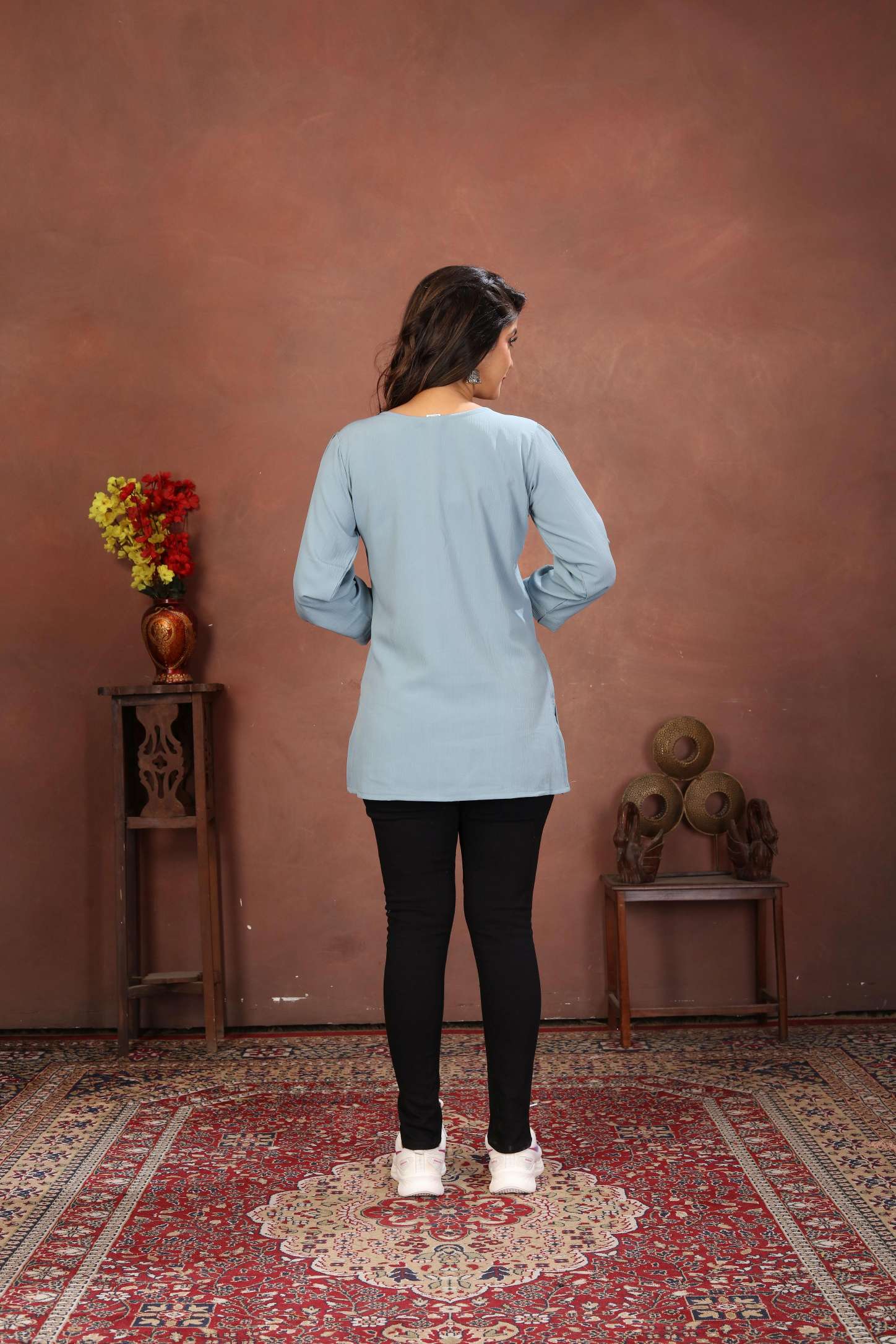 Sky Blue Rinkal Cotton Embroidered Short Kurti — alternate view