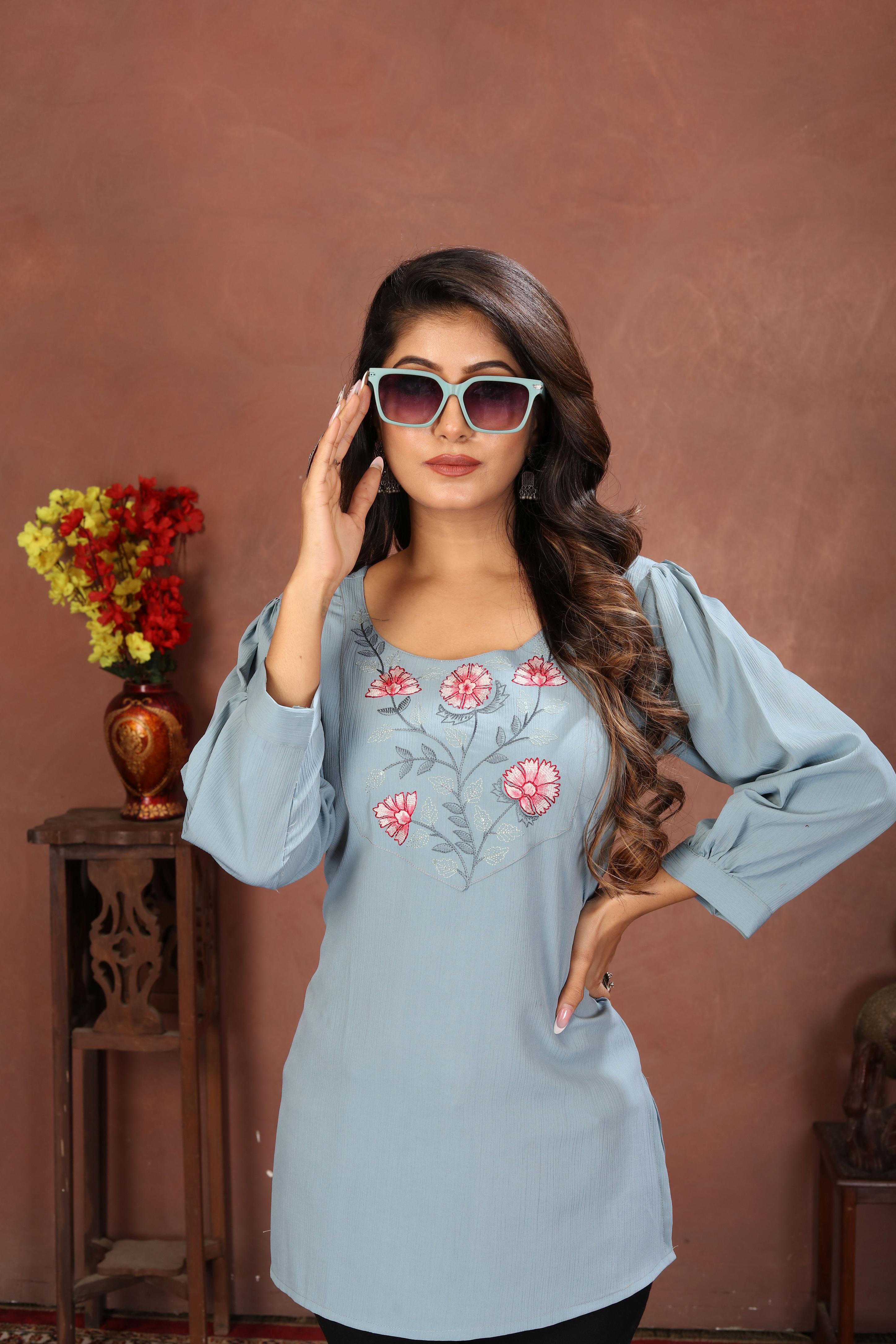 Sky Blue Rinkal Cotton Embroidered Short Kurti