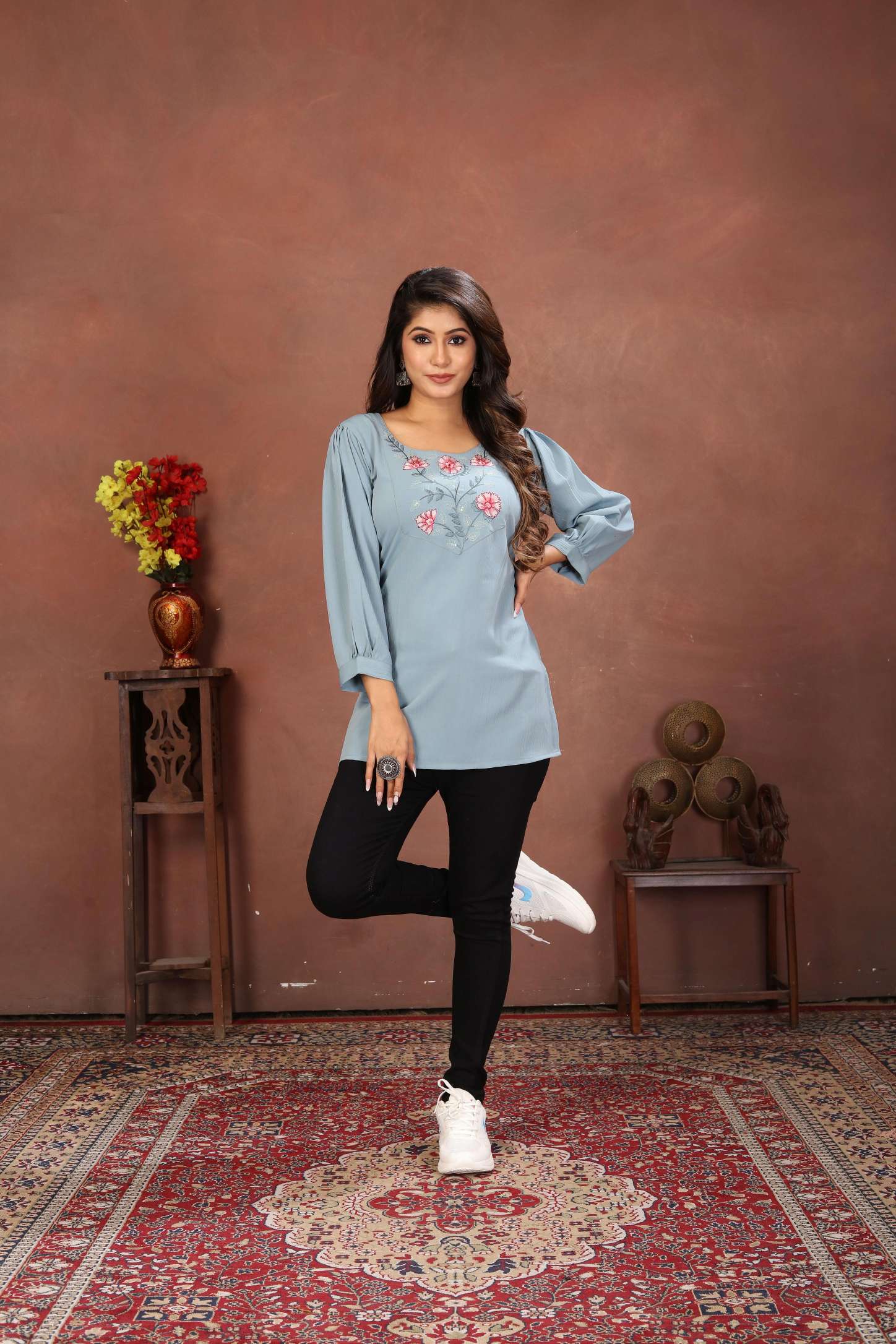 Sky Blue Rinkal Cotton Embroidered Short Kurti