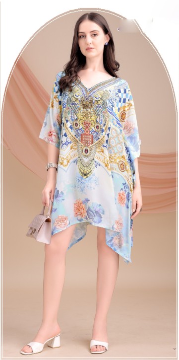 Sky Blue Royal Baroque Feather Silk Kaftan