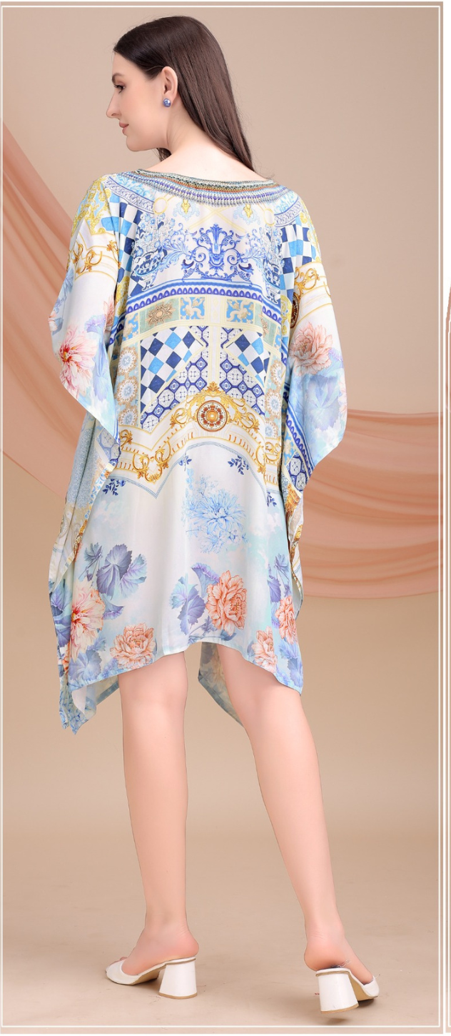 Sky Blue Royal Baroque Feather Silk Kaftan