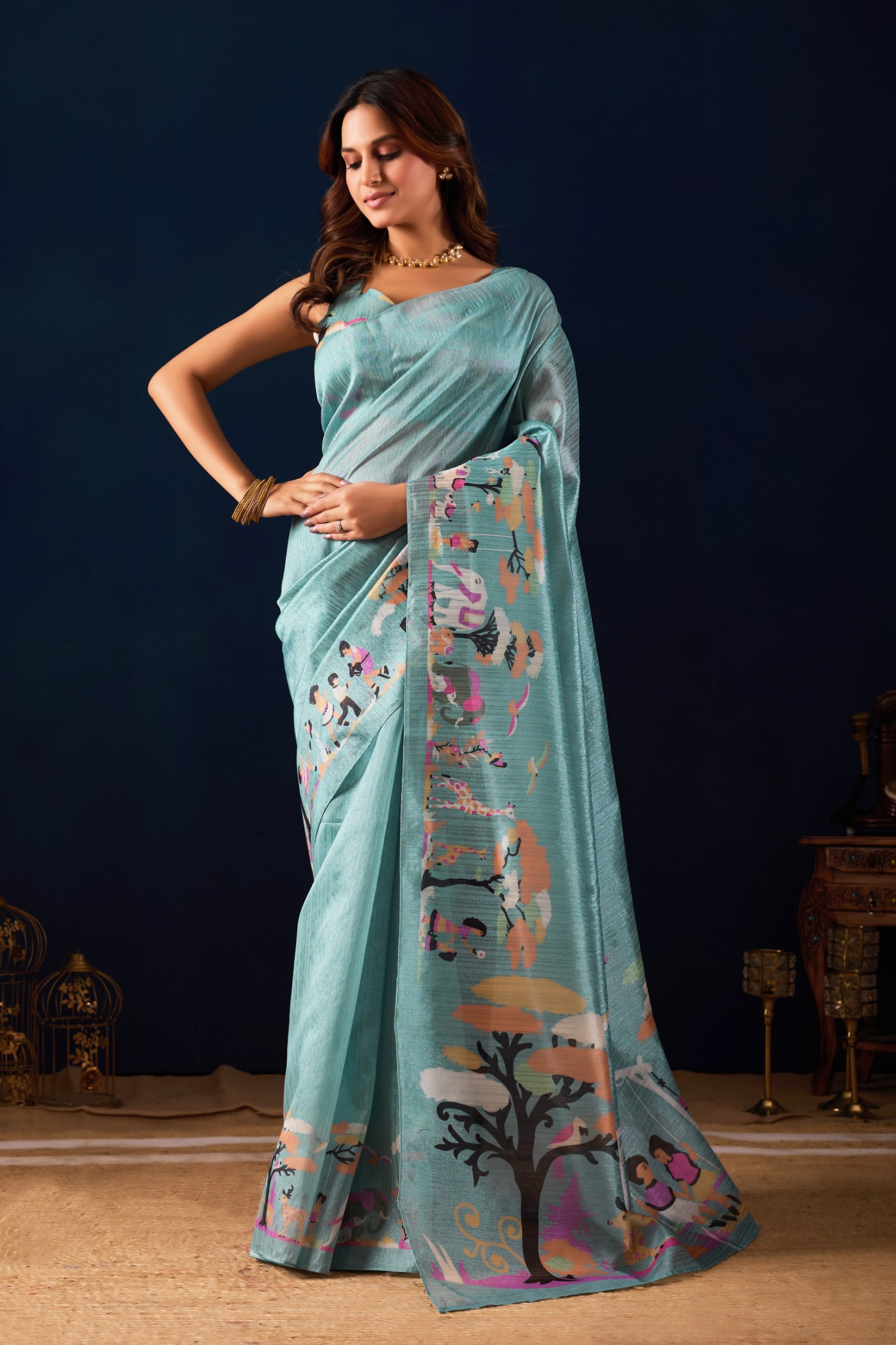 Sky Blue Scenic Print Jute Silk Ready To Wear Saree