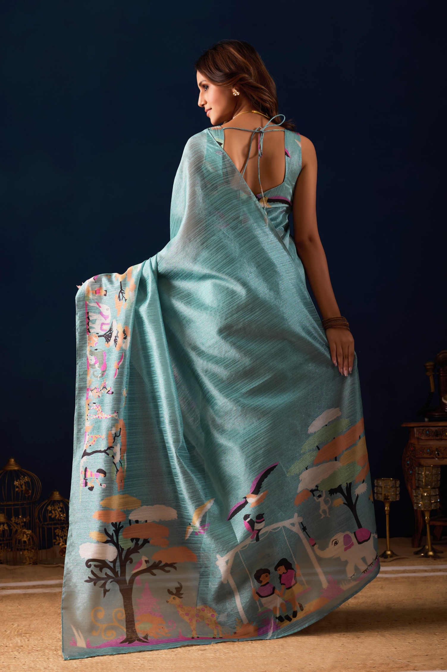 Sky Blue Scenic Print Jute Silk Ready To Wear Saree — alternate view