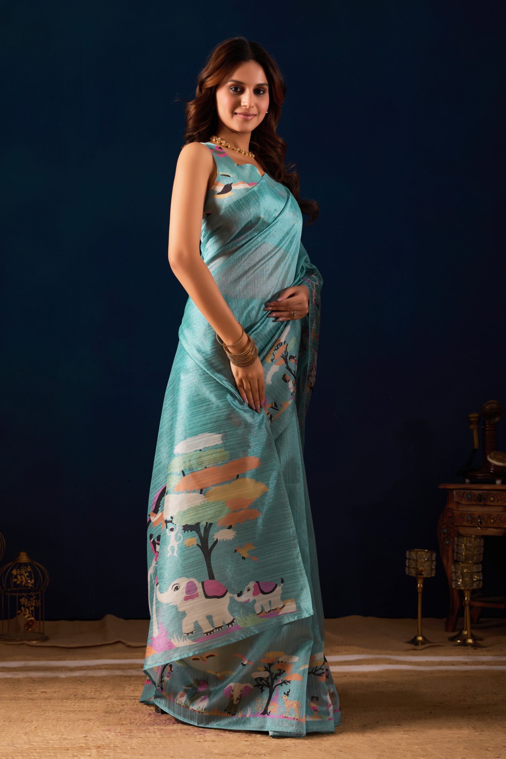 Sky Blue Scenic Print Jute Silk Ready To Wear Saree