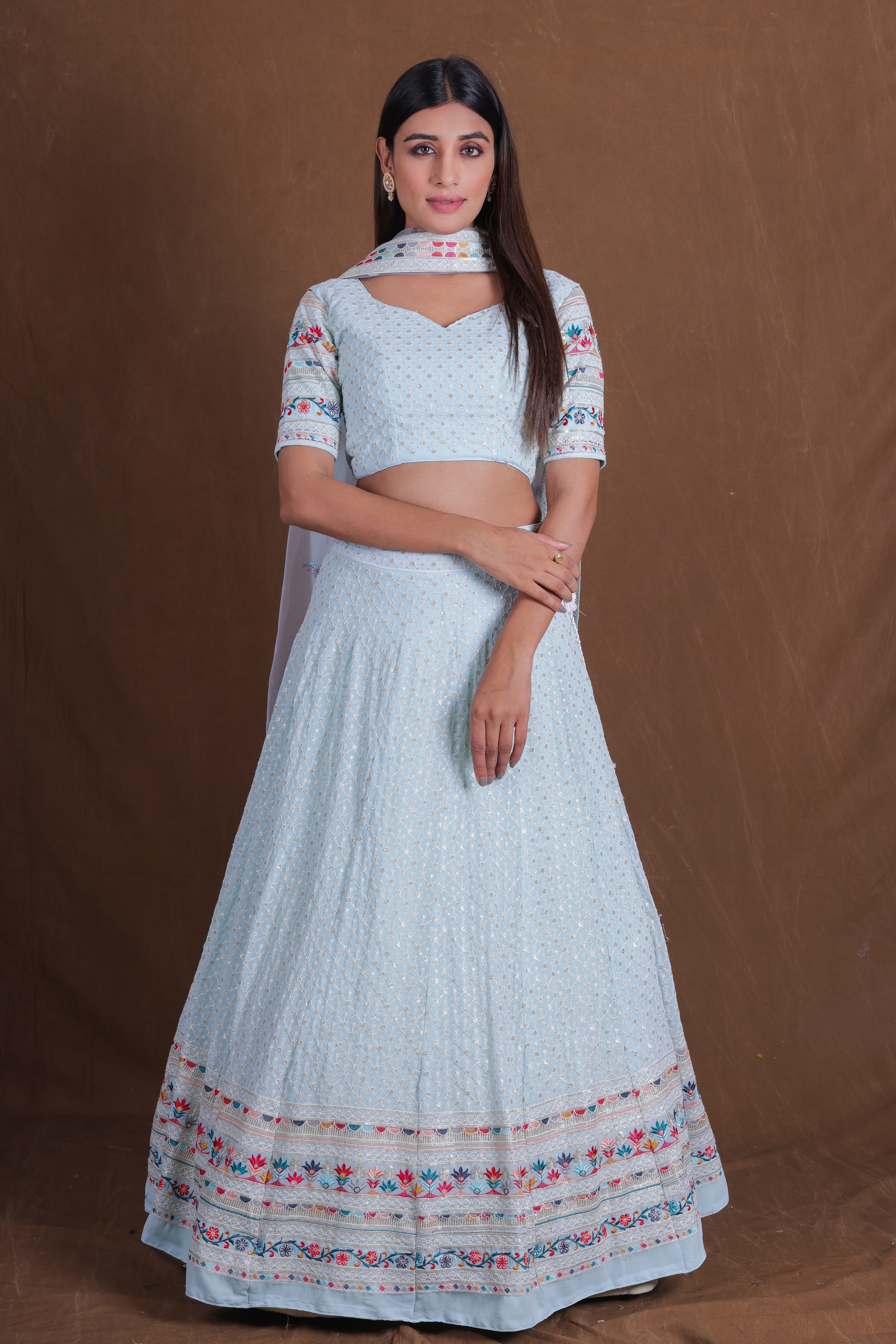 Sky Blue Sequins Embroidered Georgette Lehenga Choli