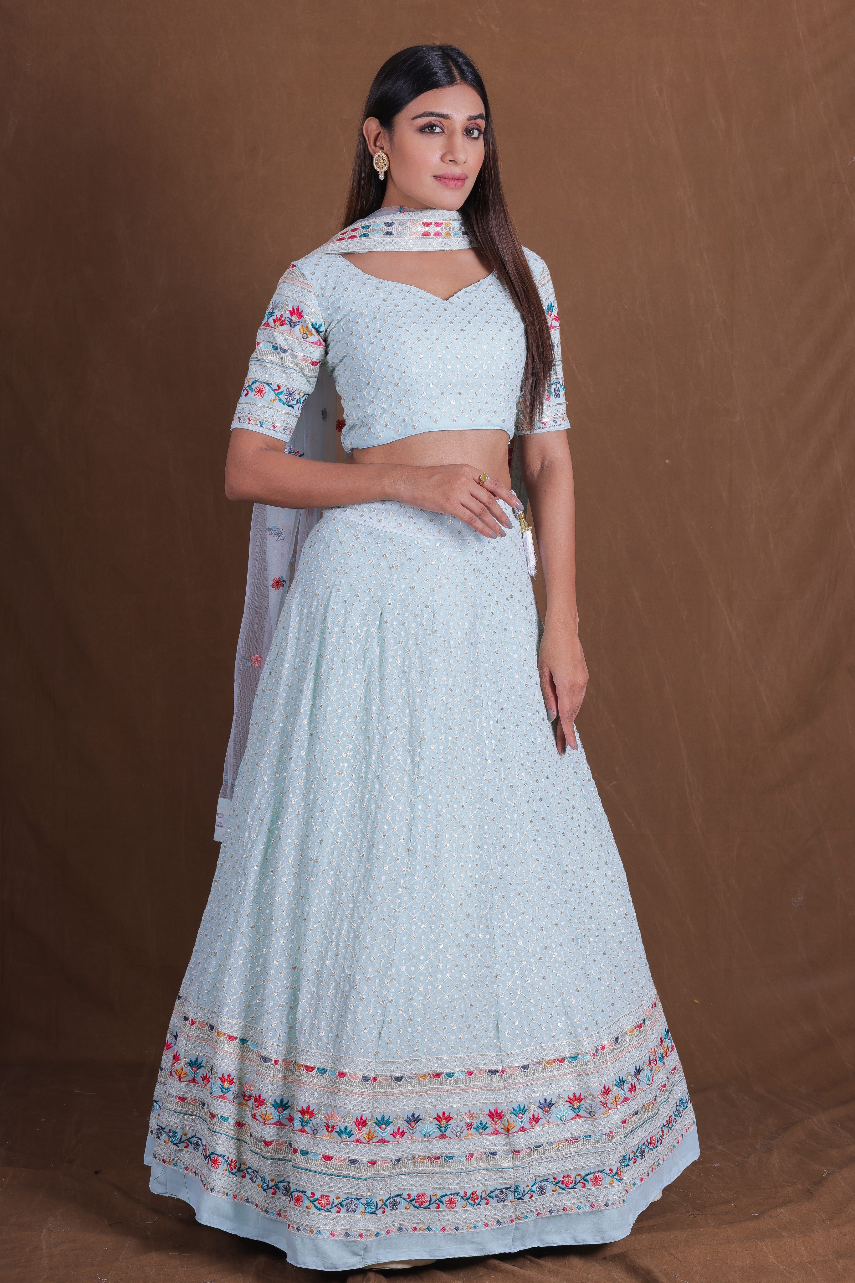 Sky Blue Sequins Embroidered Georgette Lehenga Choli