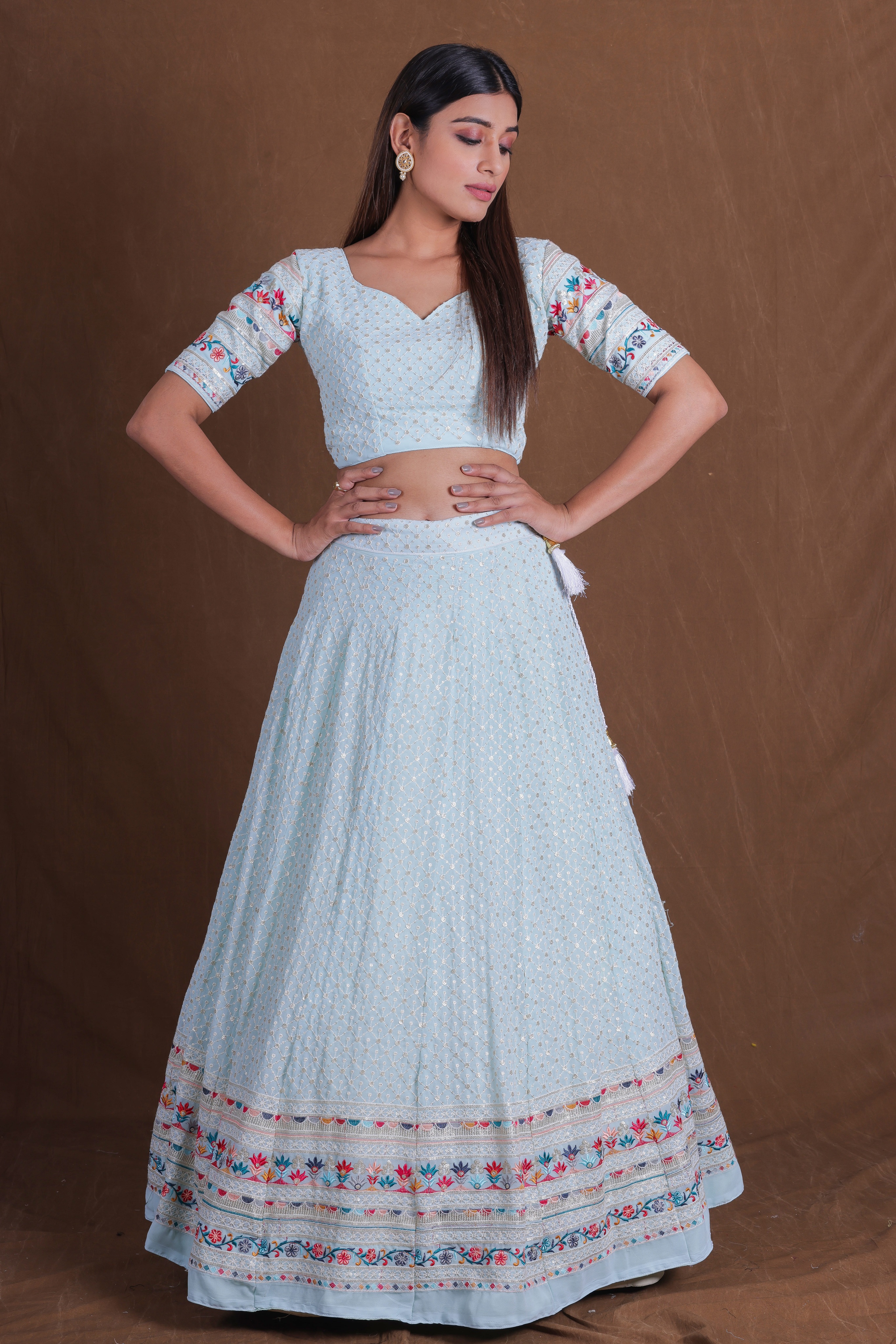 Sky Blue Sequins Embroidered Georgette Lehenga Choli