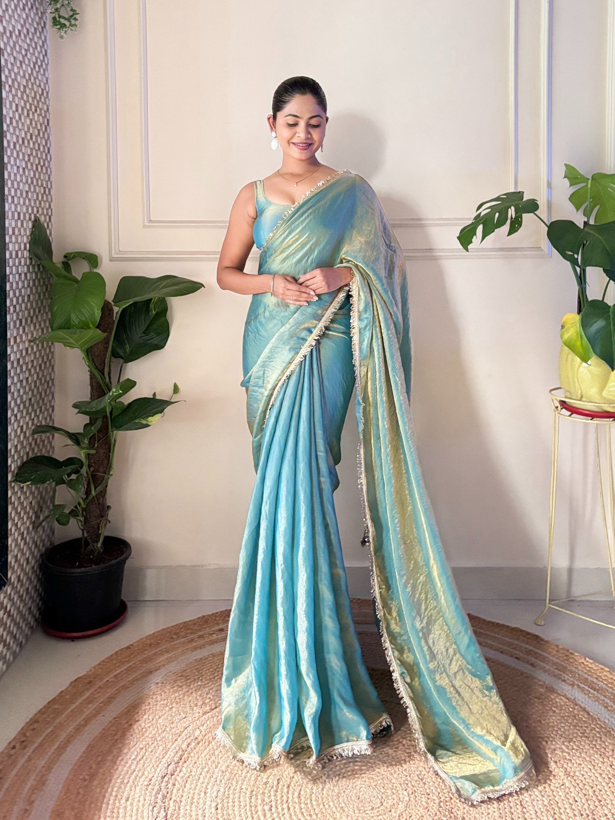 Sky Blue Sequin Fendy Satin Saree