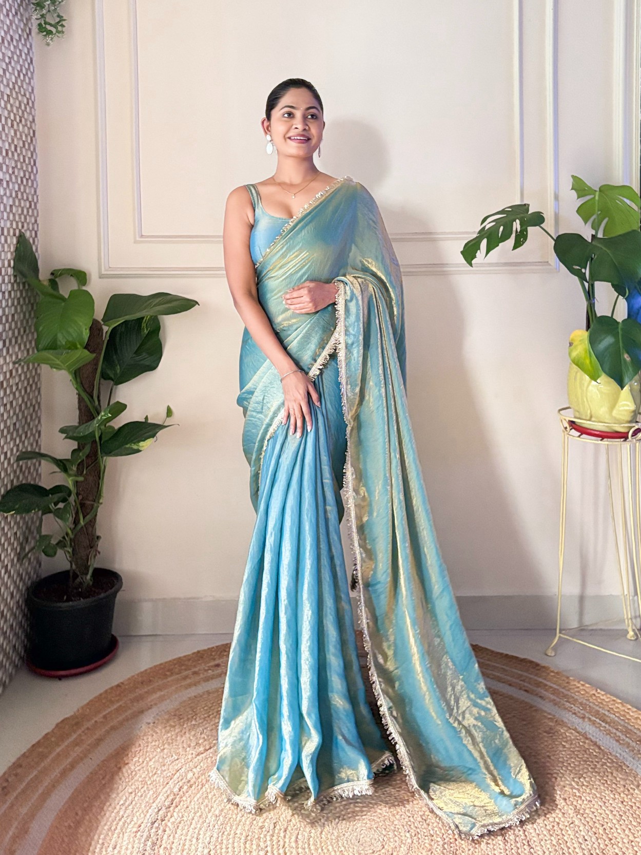 Sky Blue Sequin Fendy Satin Saree — alternate view