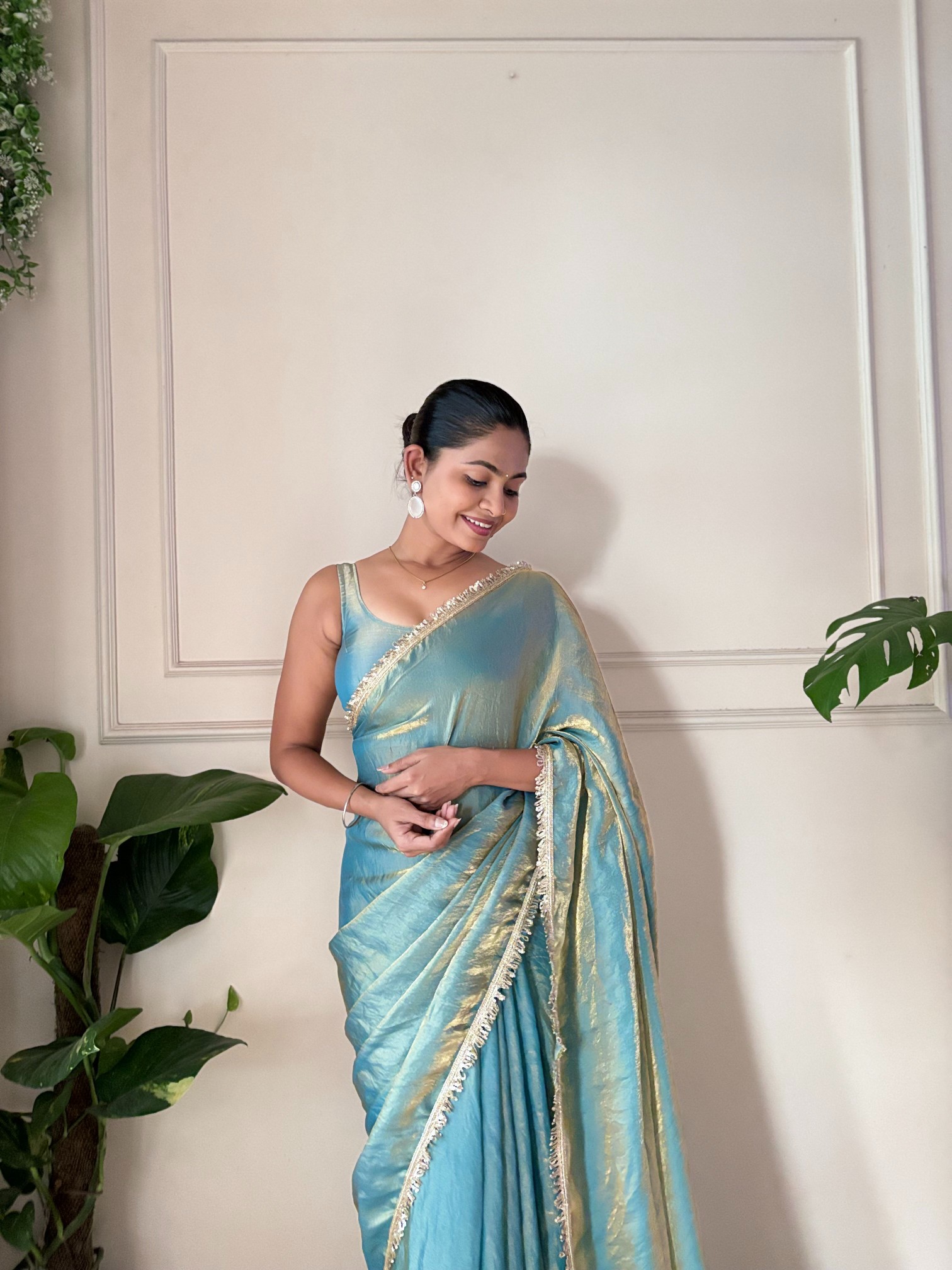 Sky Blue Sequin Fendy Satin Saree