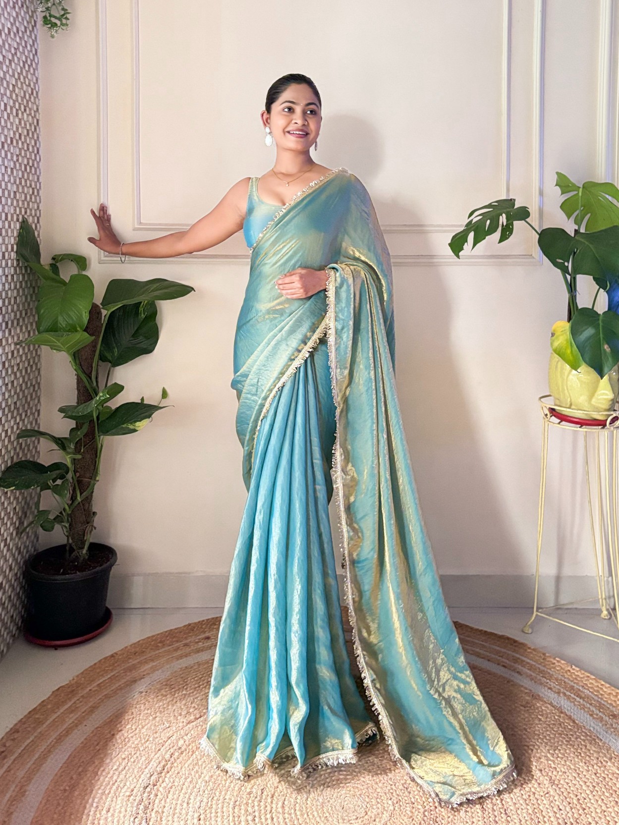 Sky Blue Sequin Fendy Satin Saree