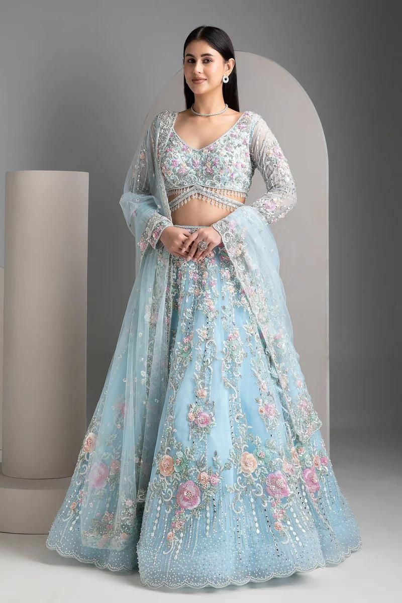 Sky Blue Sequins Heavy Organza Lehenga Choli