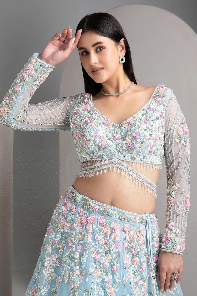 Sky Blue Sequins Heavy Organza Lehenga Choli