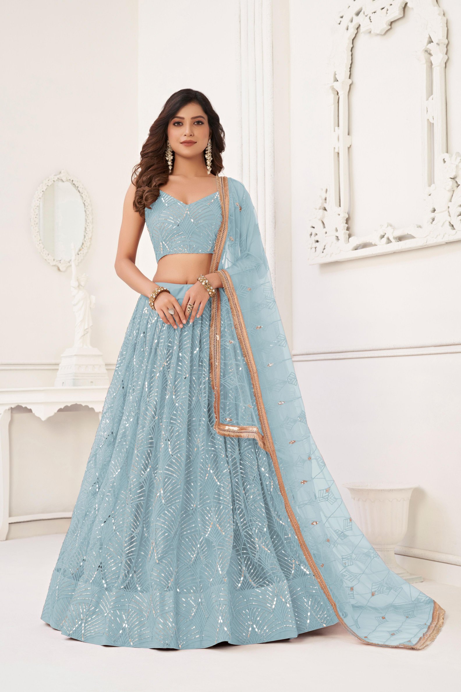 Sky Blue Sequins Embroidered Butterfly Net Lehenga Choli