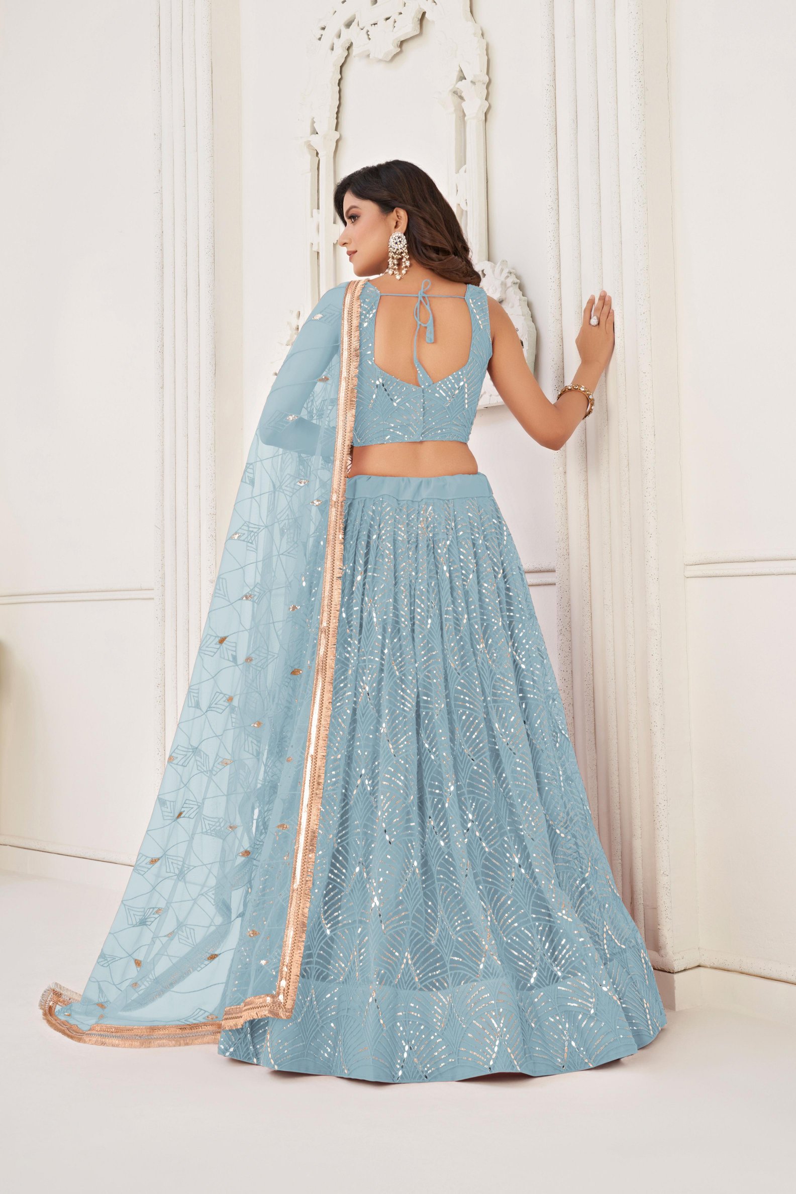 Sky Blue Sequins Embroidered Butterfly Net Lehenga Choli — alternate view