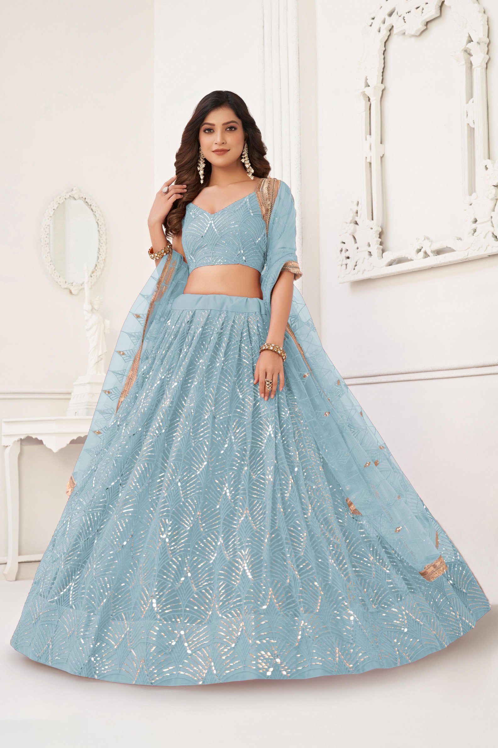 Sky Blue Sequins Embroidered Butterfly Net Lehenga Choli