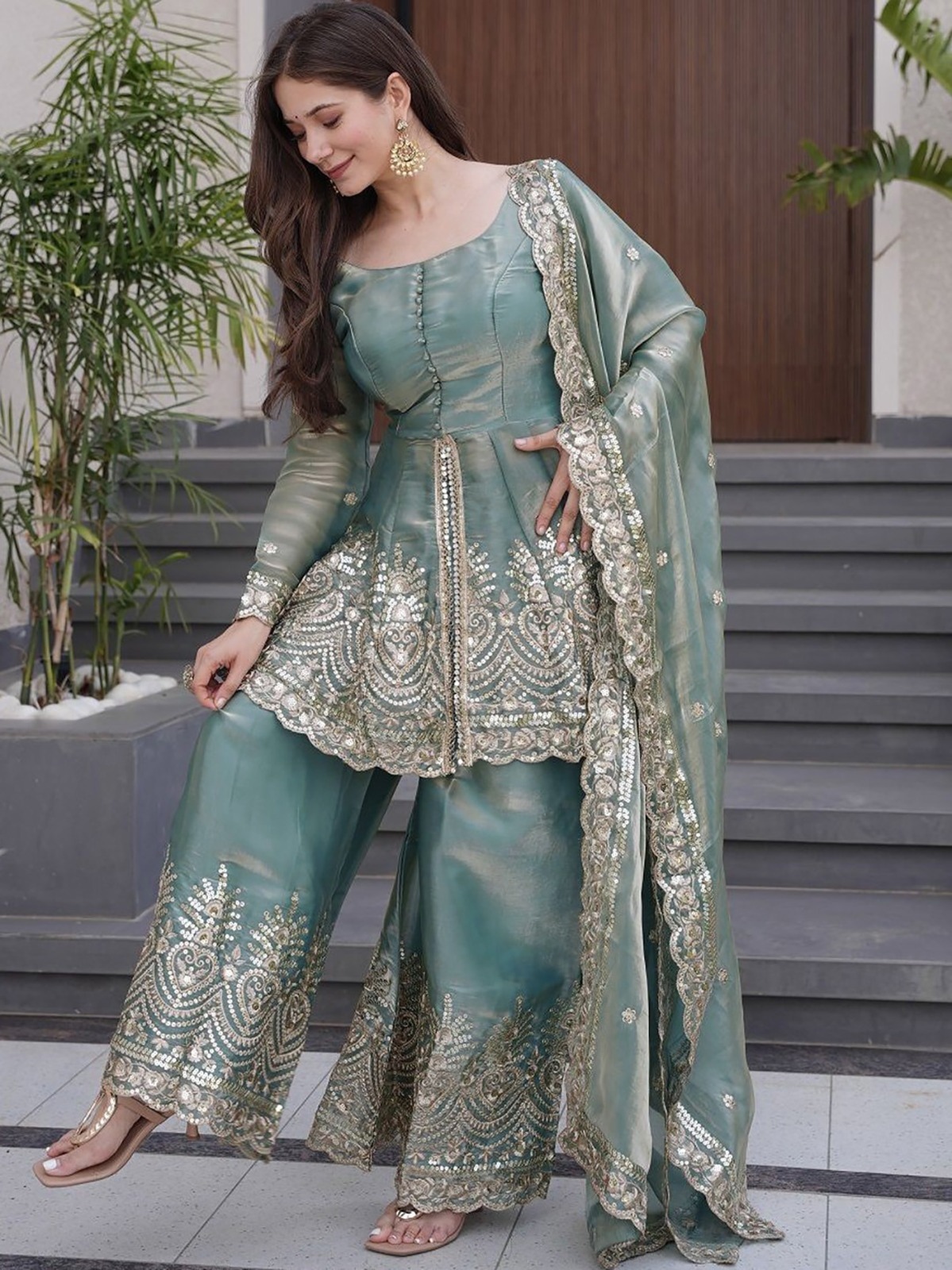 Sky Blue Silk Embroidered Straight Kurta Set