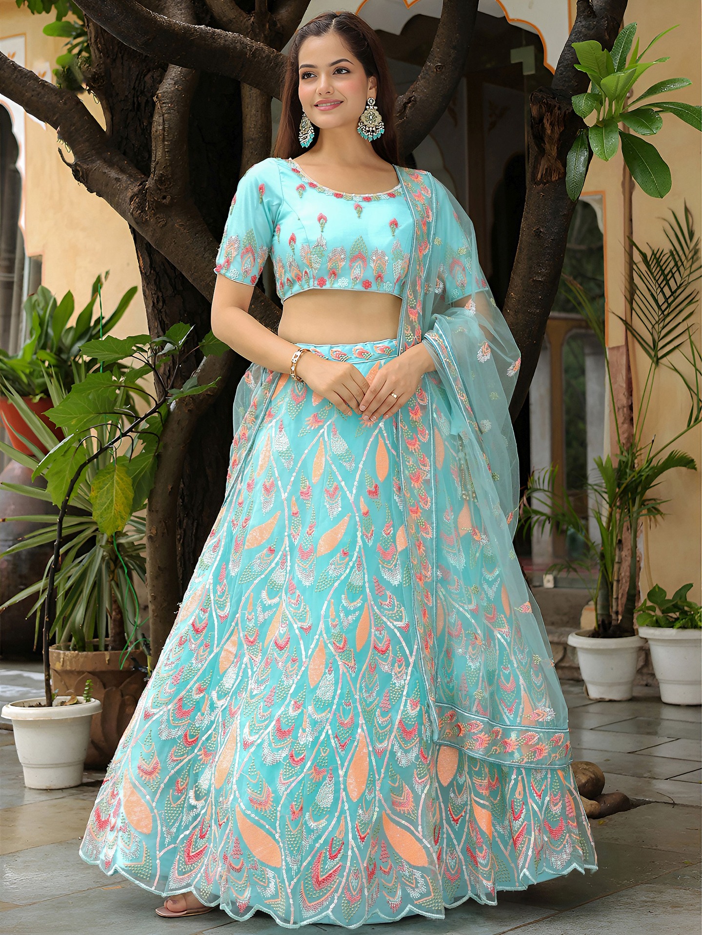 Sky Blue Soft Net Ornamental Flared Lehenga Choli
