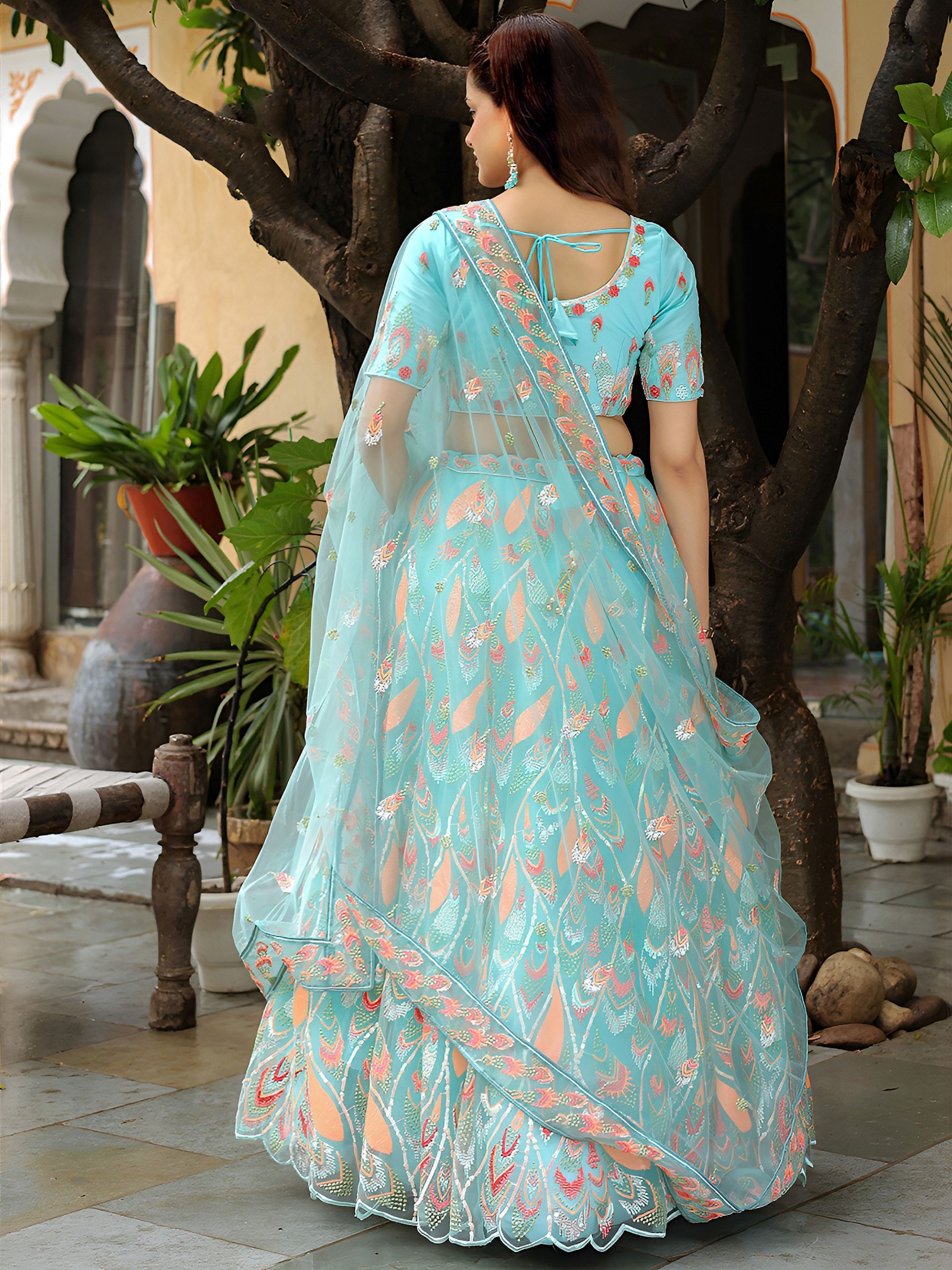 Sky Blue Soft Net Ornamental Flared Lehenga Choli — alternate view