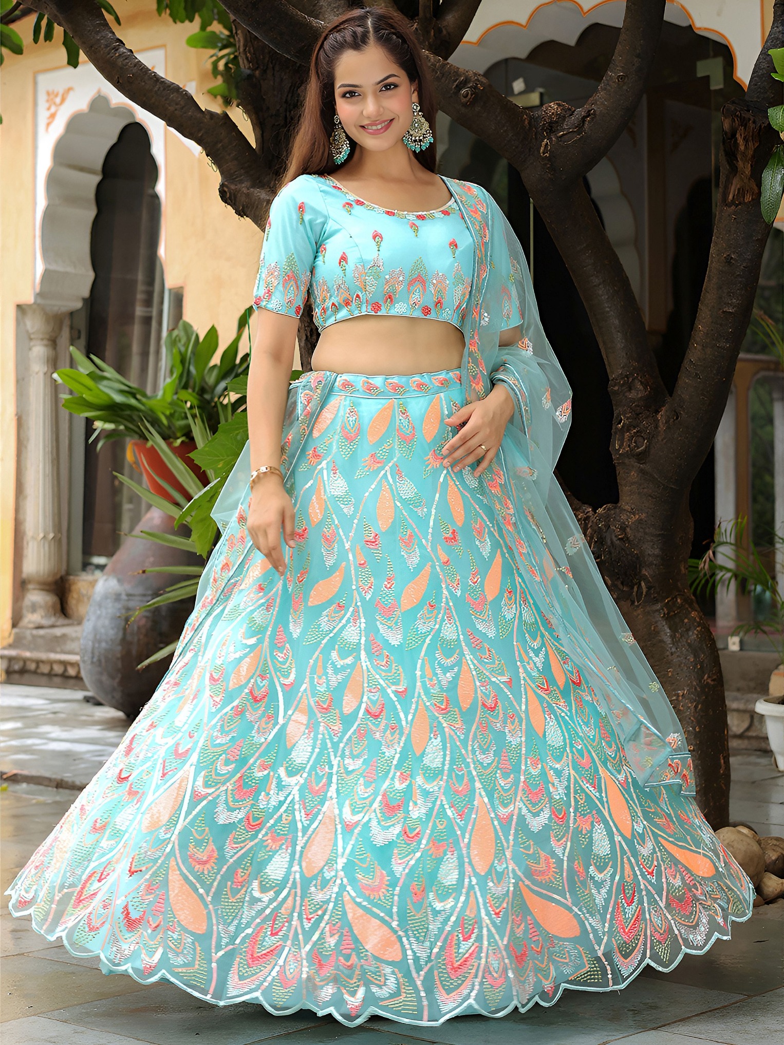 Sky Blue Soft Net Ornamental Flared Lehenga Choli