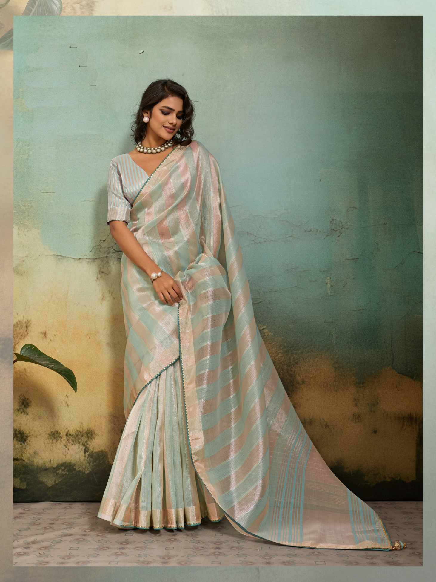 Sky Blue Striped Zari Cotton Silk Saree