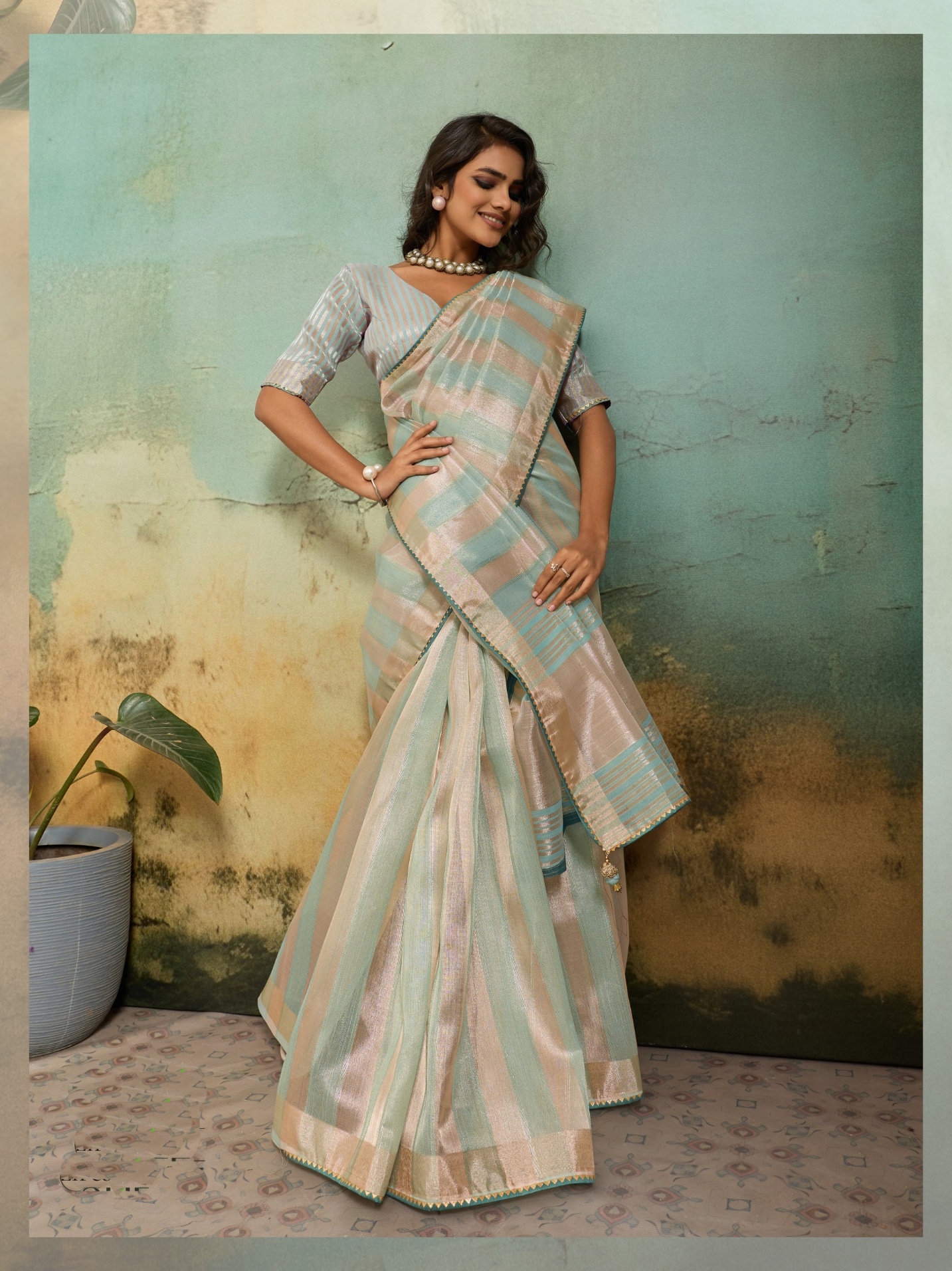 Sky Blue Striped Zari Cotton Silk Saree — alternate view