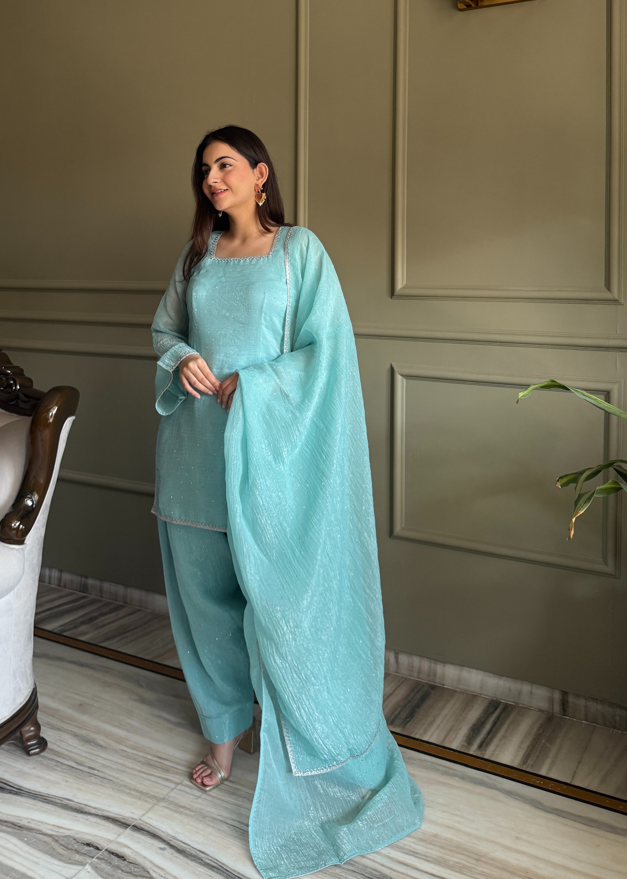 Sky Blue Swarovski Lace Embroidered Georgette Salwar Suit
