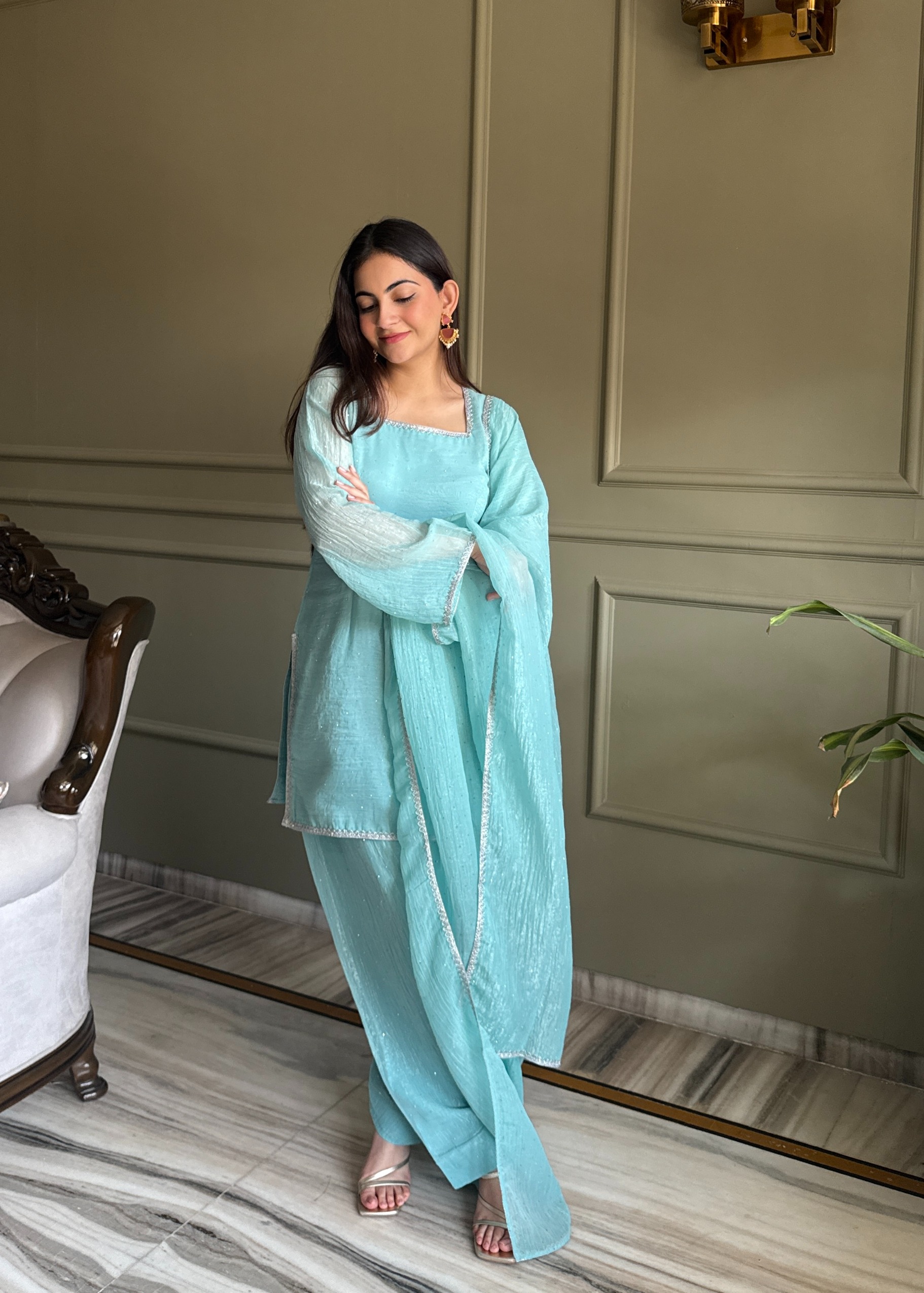 Sky Blue Swarovski Lace Embroidered Georgette Salwar Suit