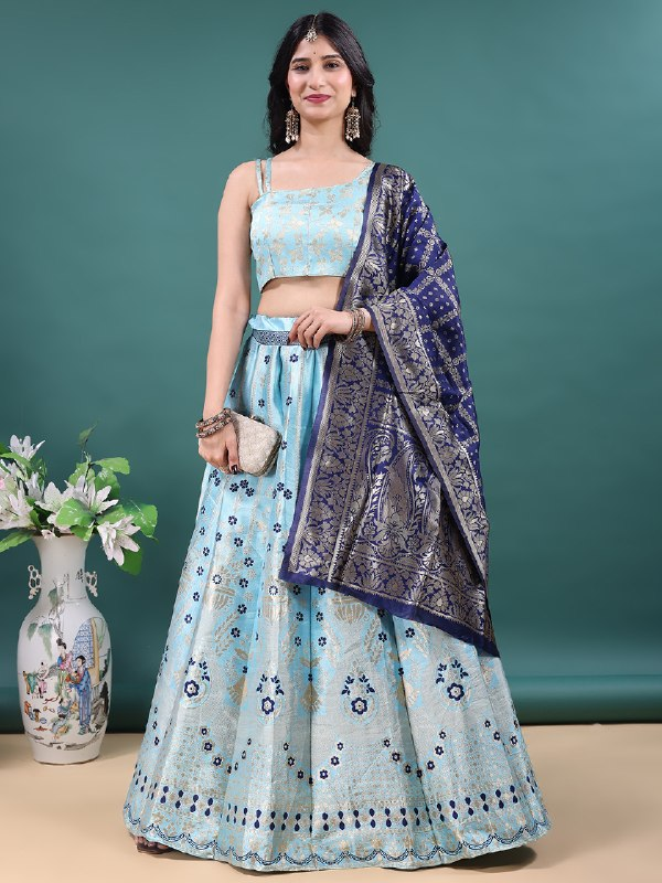 Sky Blue Traditional Jacquard Soft Jacquard Lehenga Choli