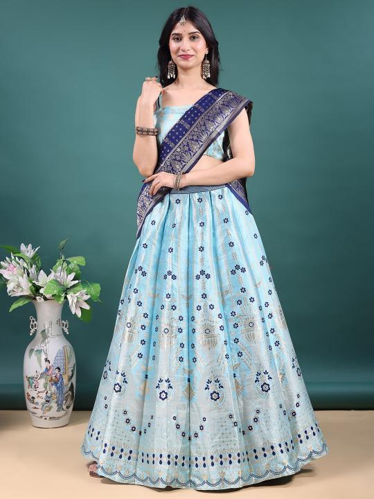 Sky Blue Traditional Jacquard Soft Jacquard Lehenga Choli