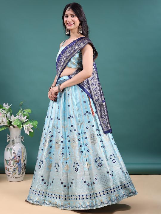 Sky Blue Traditional Jacquard Soft Jacquard Lehenga Choli