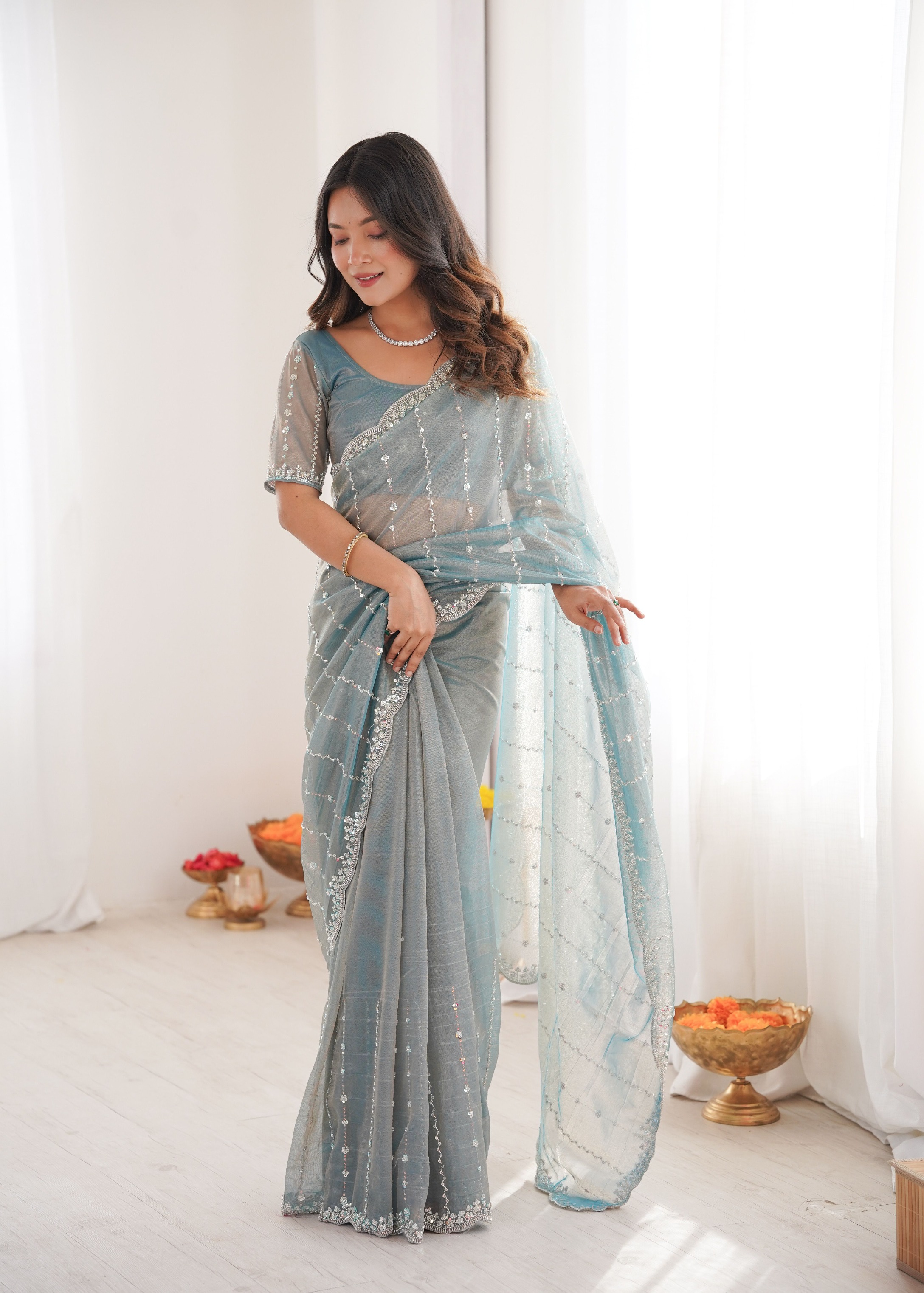 Sky Blue Two Tone Sequin N Cut Dana Work Twill Net Saree