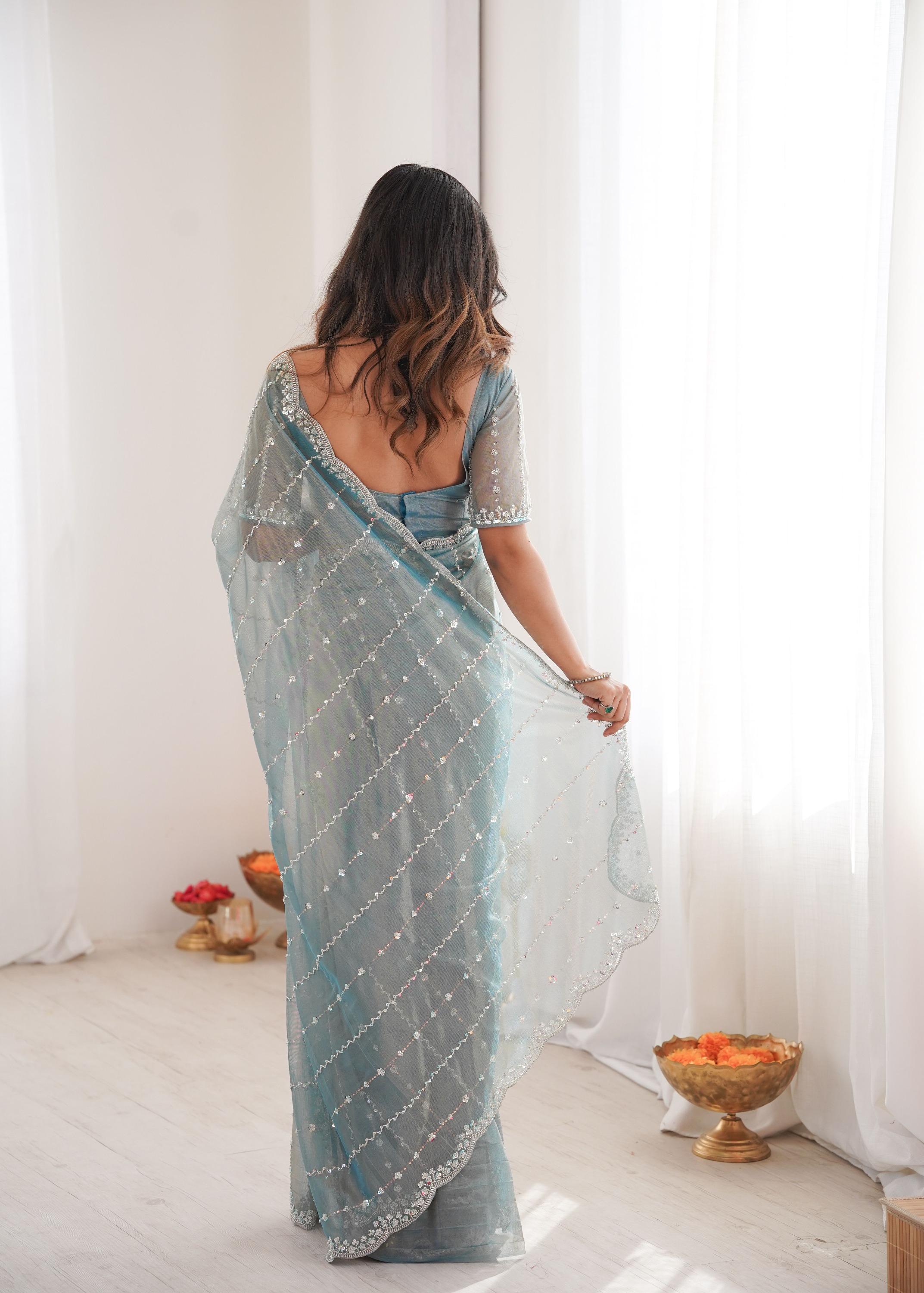 Sky Blue Two Tone Sequin N Cut Dana Work Twill Net Saree — alternate view