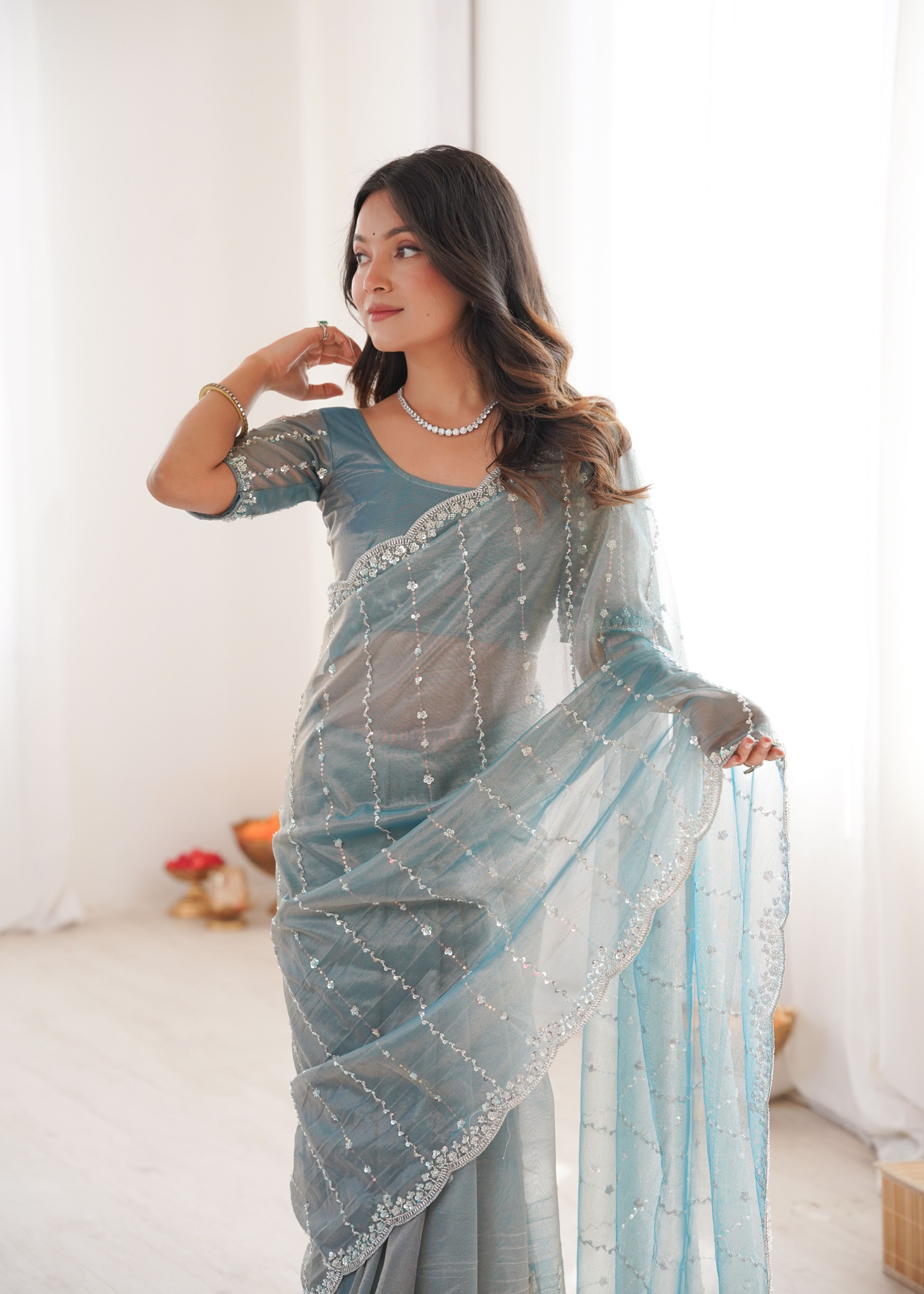 Sky Blue Two Tone Sequin N Cut Dana Work Twill Net Saree