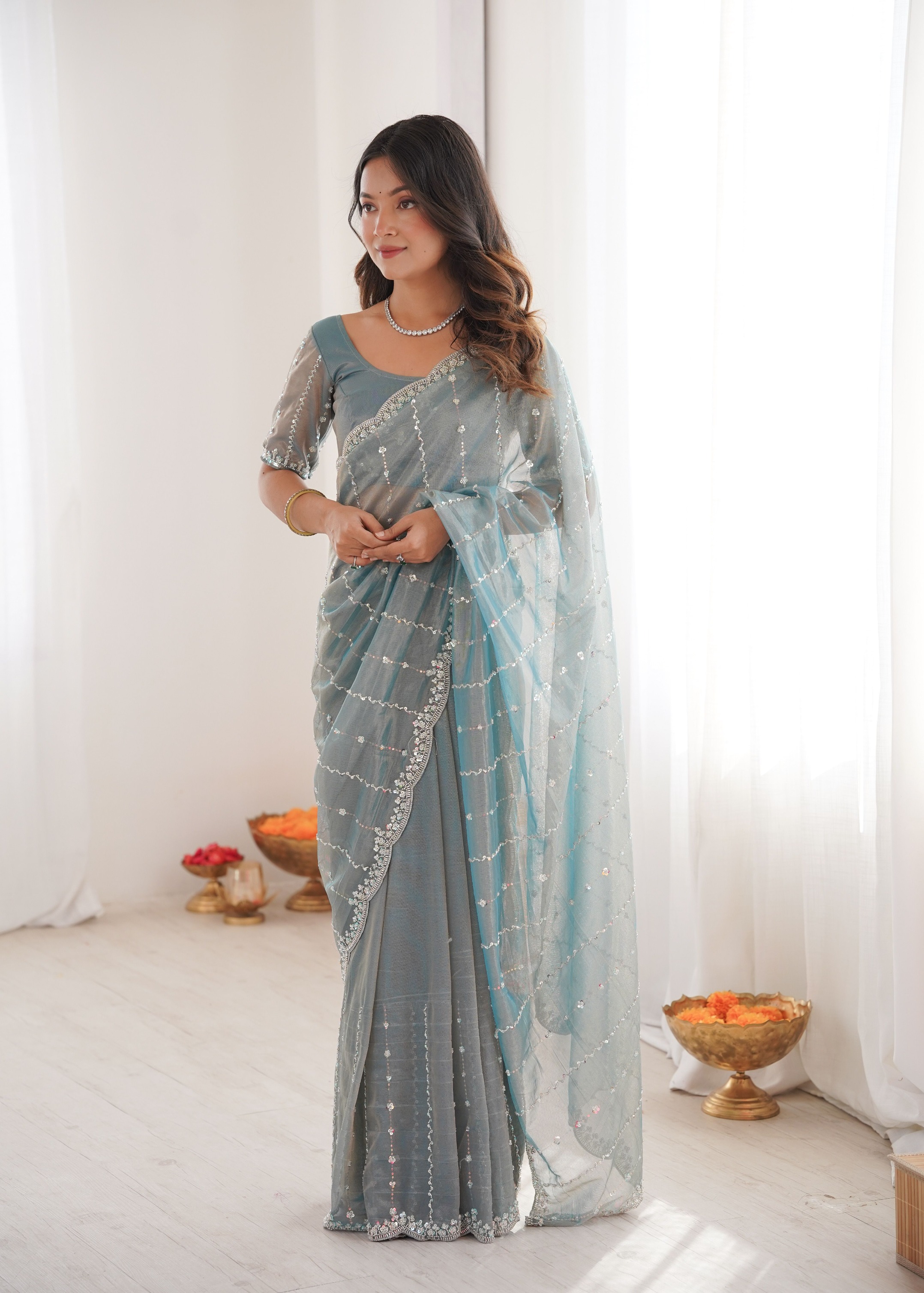 Sky Blue Two Tone Sequin N Cut Dana Work Twill Net Saree