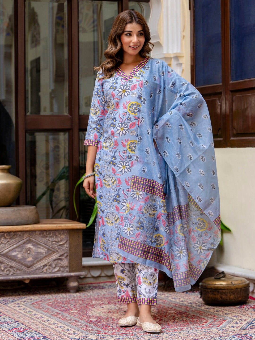 Sky Blue V-Neck Blossom Print Cotton Suit Set
