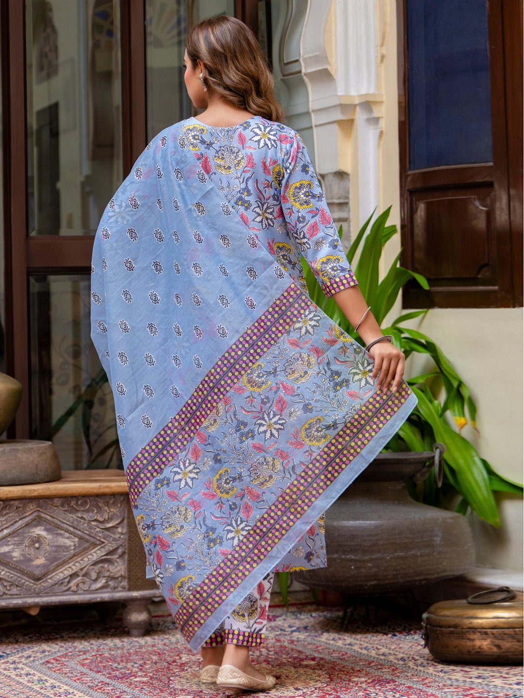 Sky Blue V-Neck Blossom Print Cotton Suit Set — alternate view