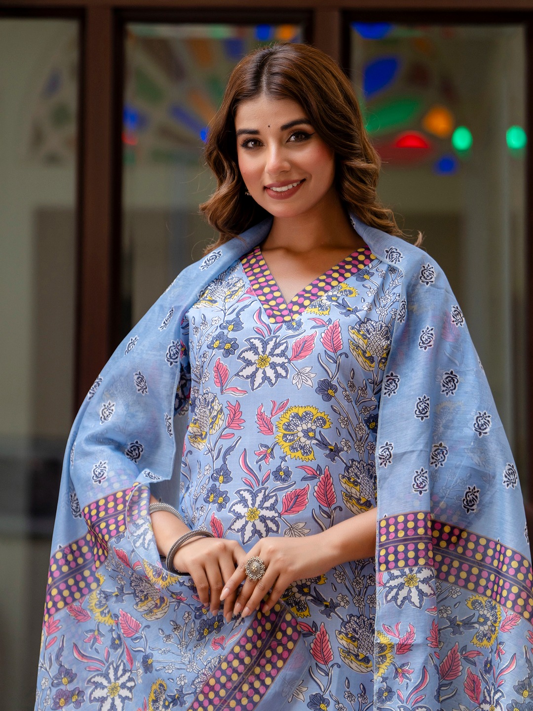 Sky Blue V-Neck Blossom Print Cotton Suit Set