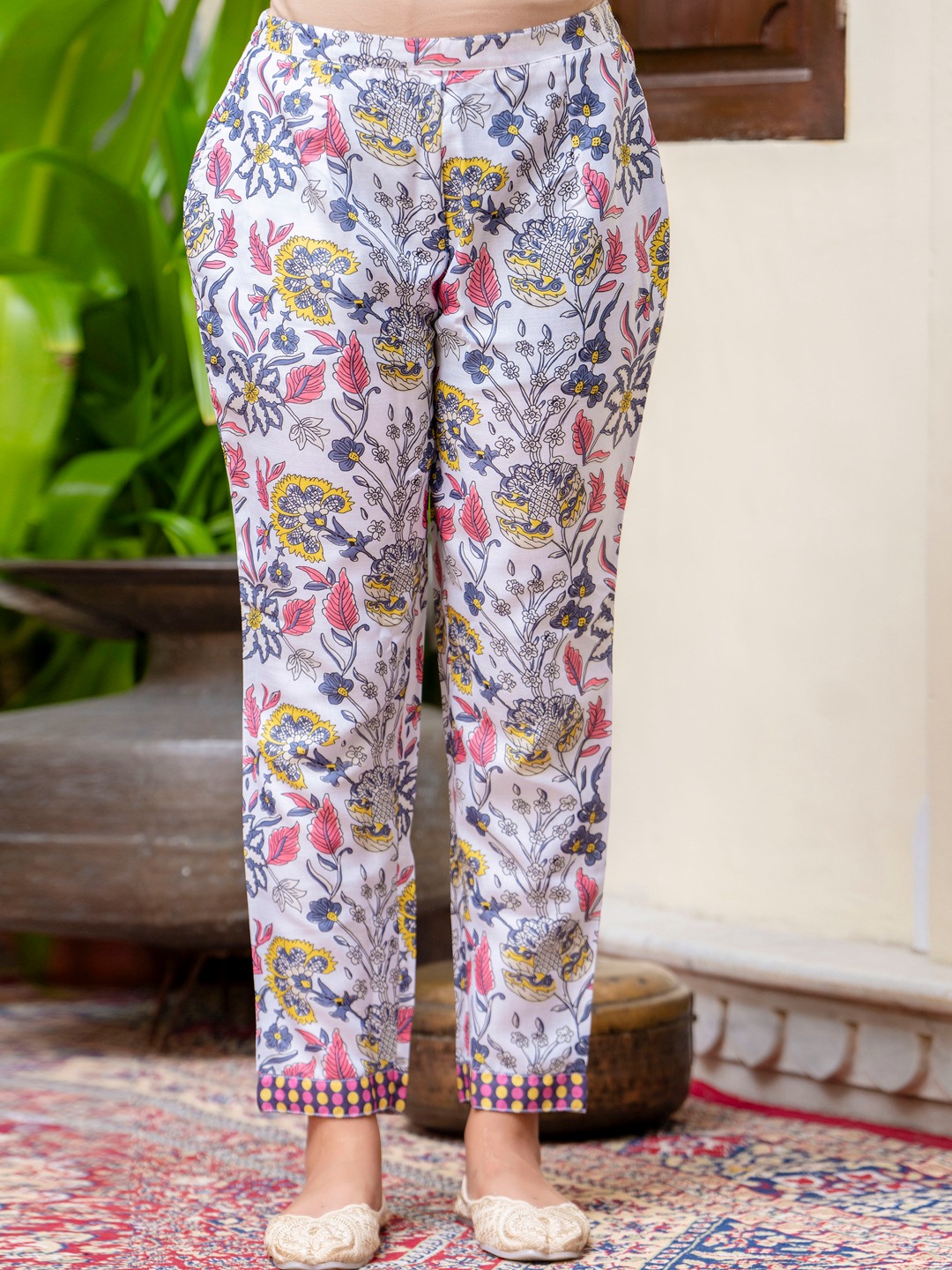 Sky Blue V-Neck Blossom Print Cotton Suit Set