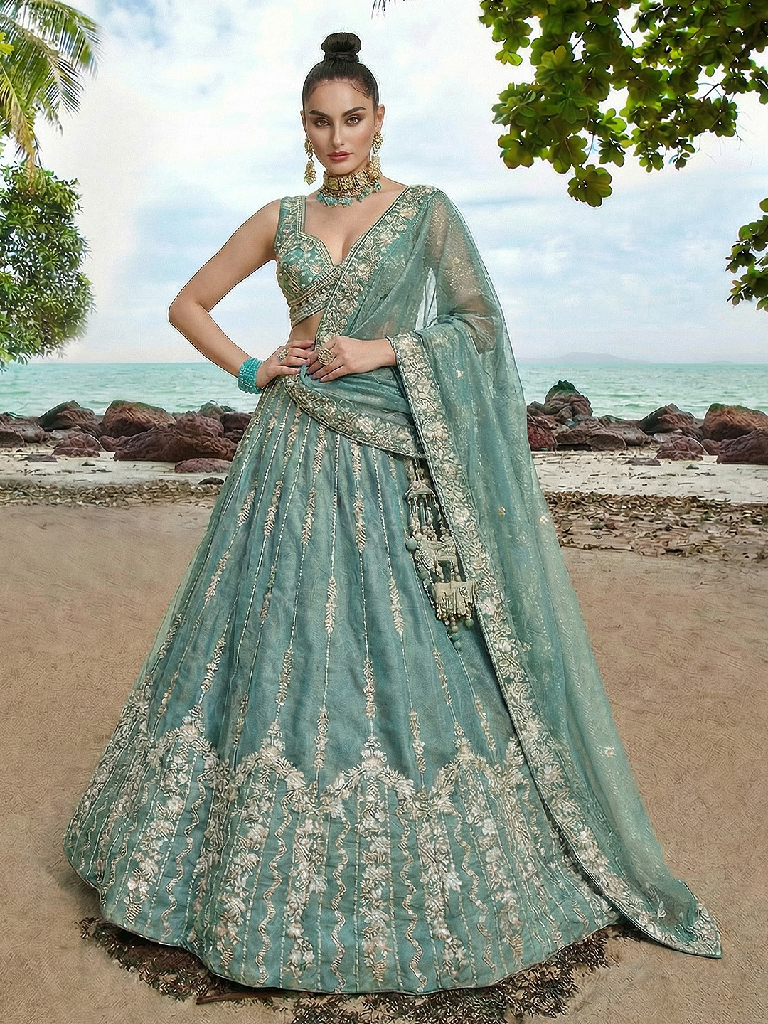 Sky Blue Vertical Floral Sequin Chiffon Lehenga Choli