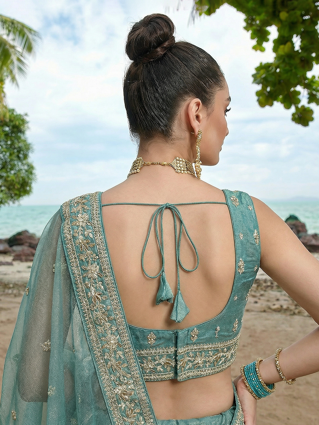 Sky Blue Vertical Floral Sequin Chiffon Lehenga Choli — alternate view