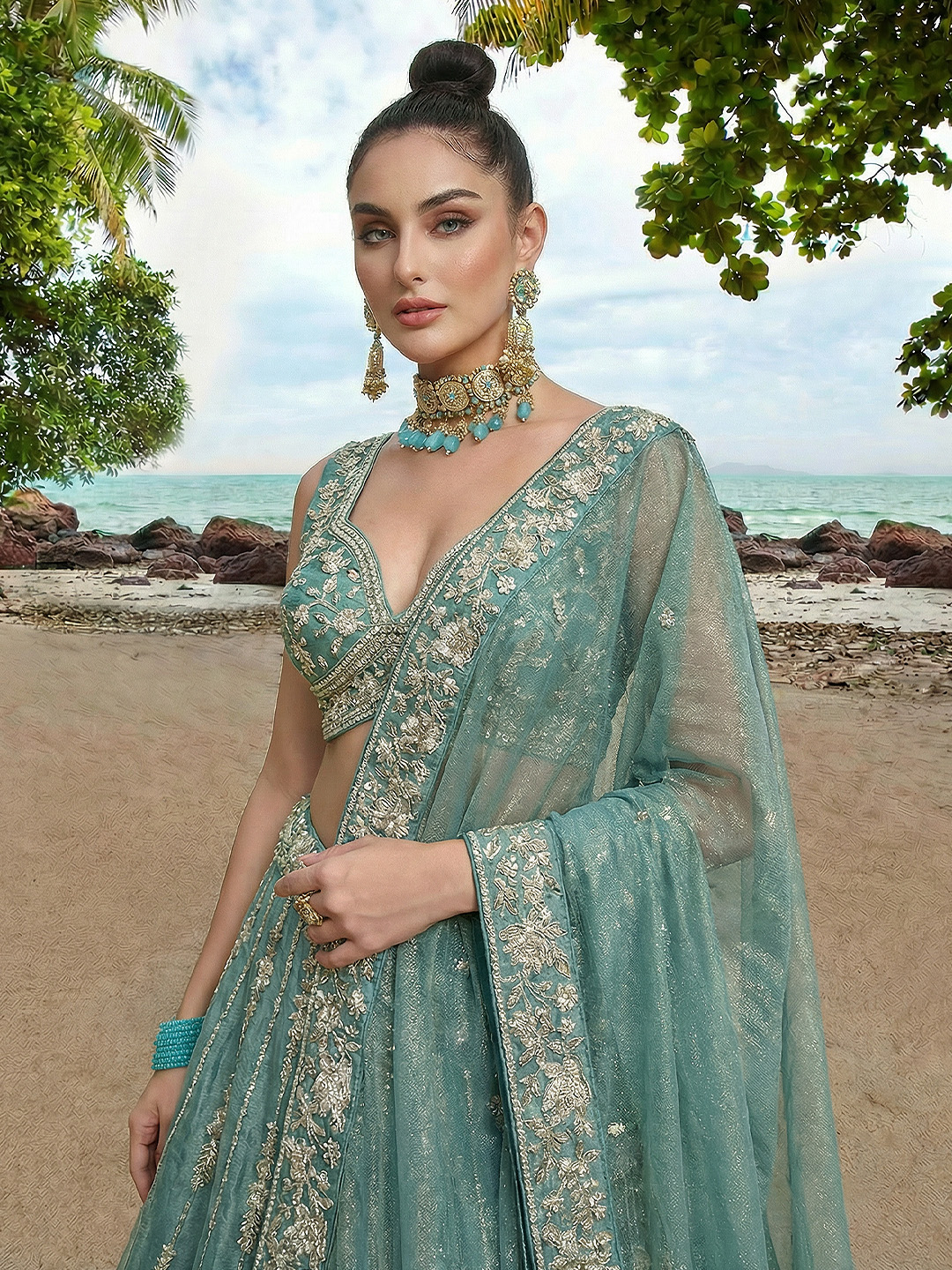Sky Blue Vertical Floral Sequin Chiffon Lehenga Choli