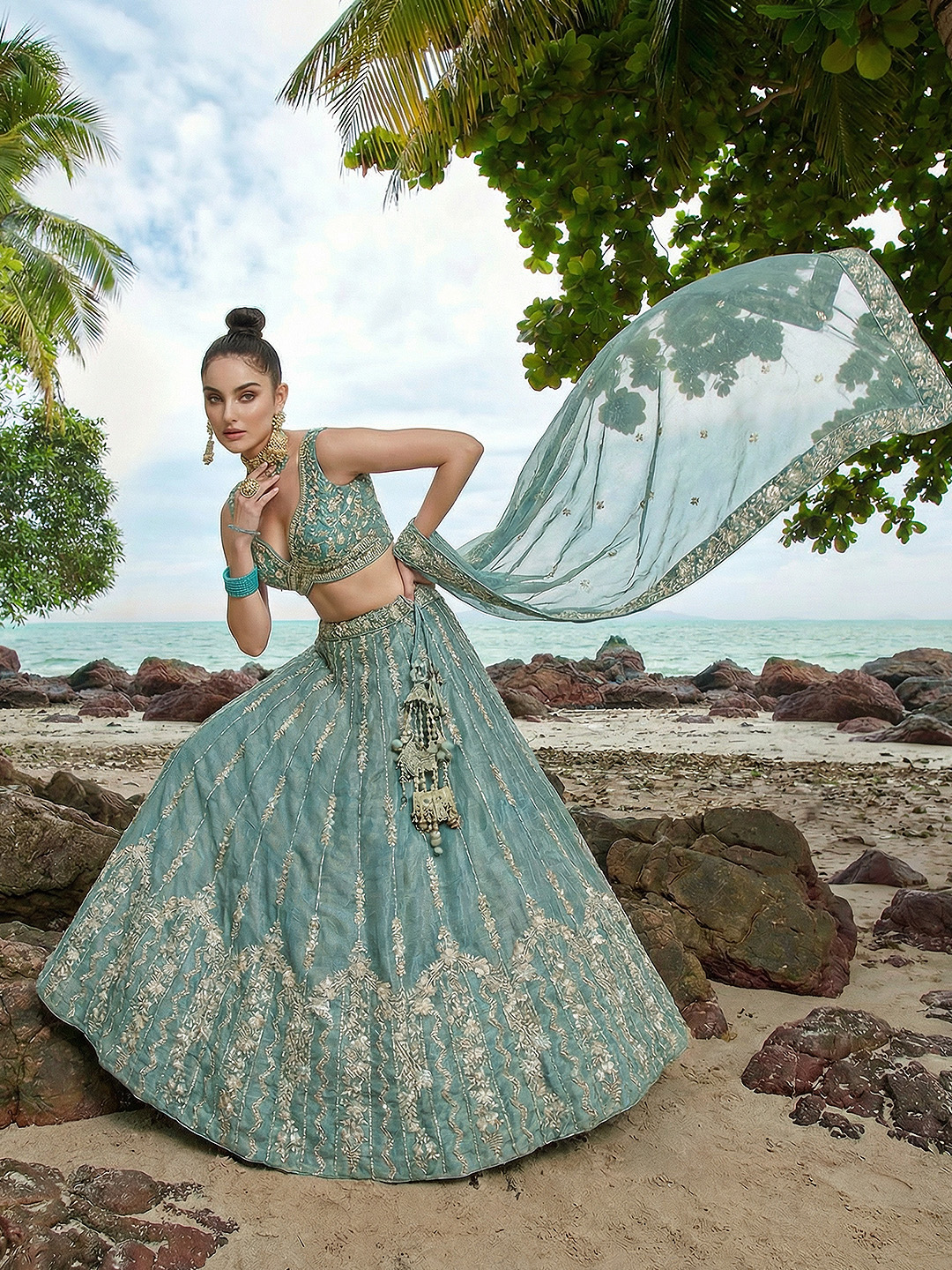 Sky Blue Vertical Floral Sequin Chiffon Lehenga Choli