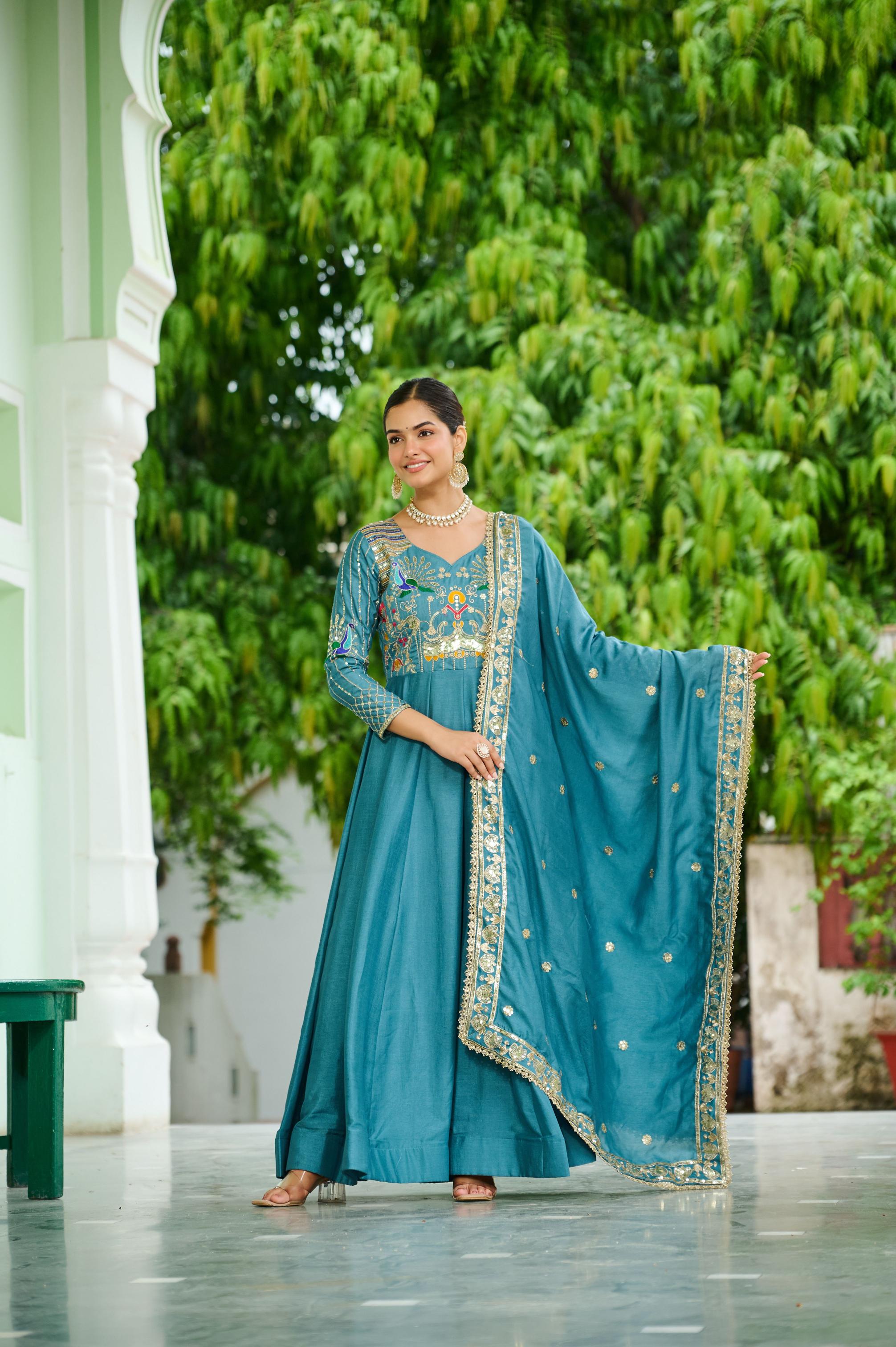 Sky Blue Vichitra Silk Sequins Embroidered Gown