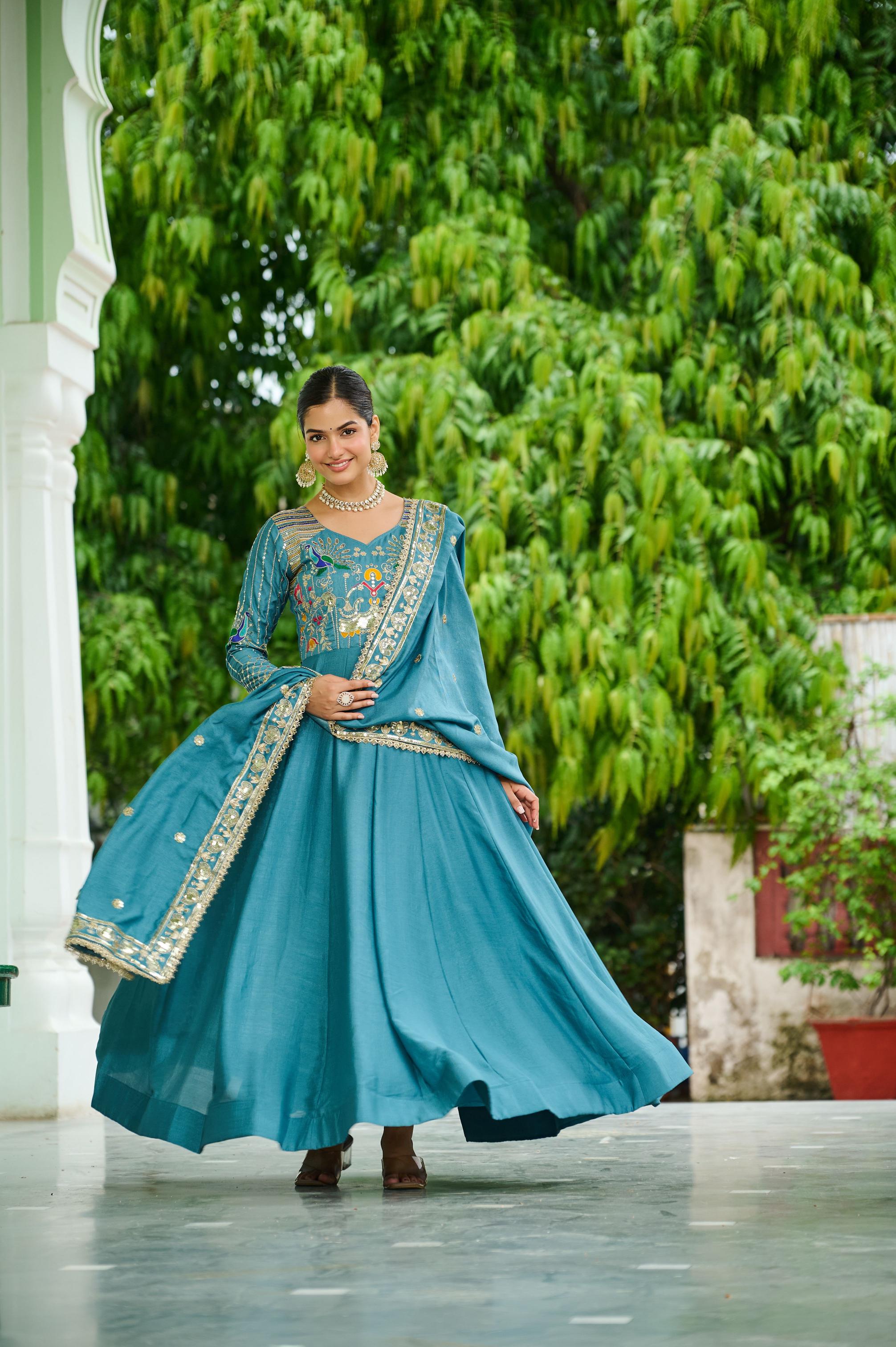 Sky Blue Vichitra Silk Sequins Embroidered Gown — alternate view
