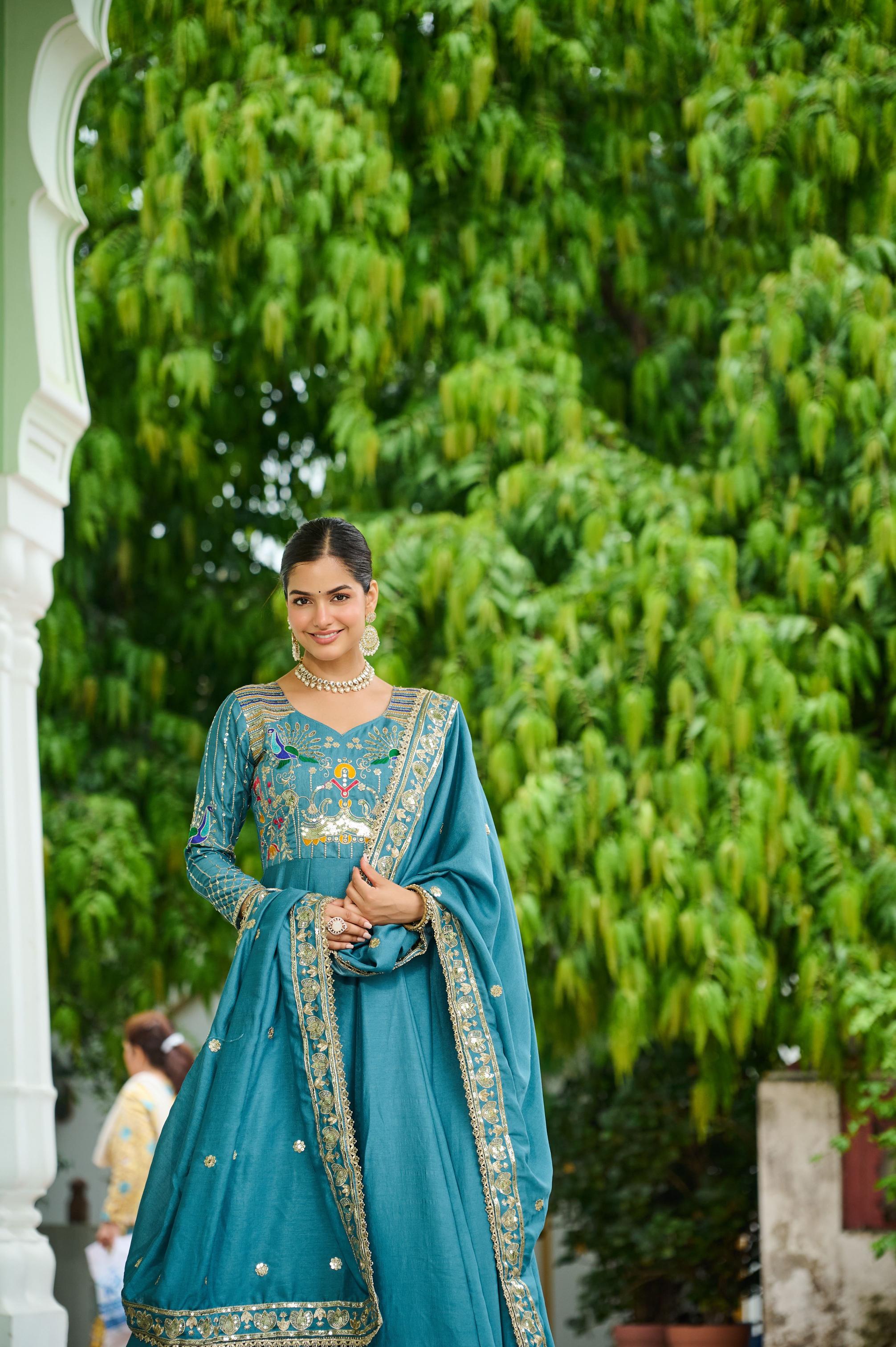 Sky Blue Vichitra Silk Sequins Embroidered Gown