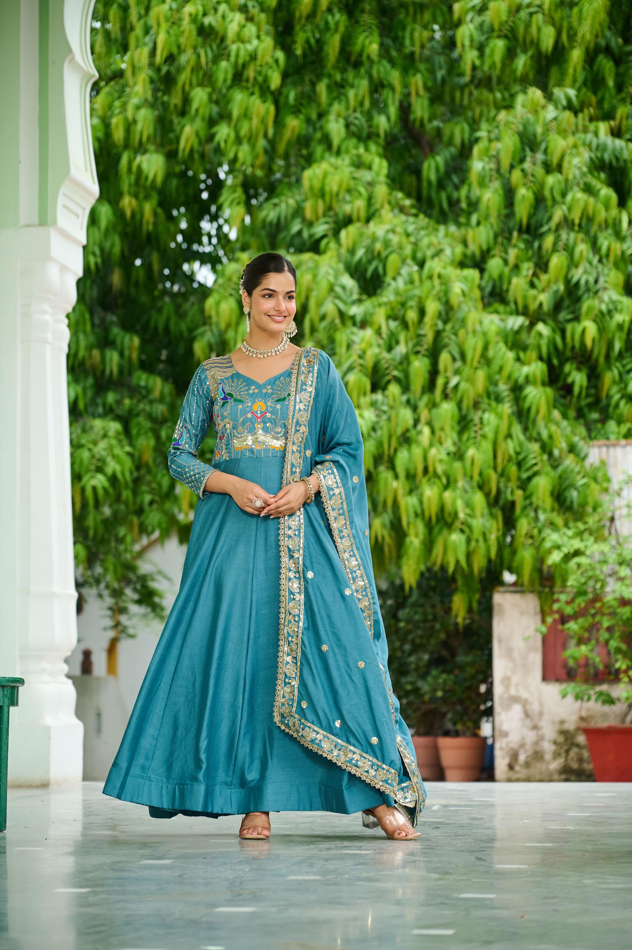 Sky Blue Vichitra Silk Sequins Embroidered Gown