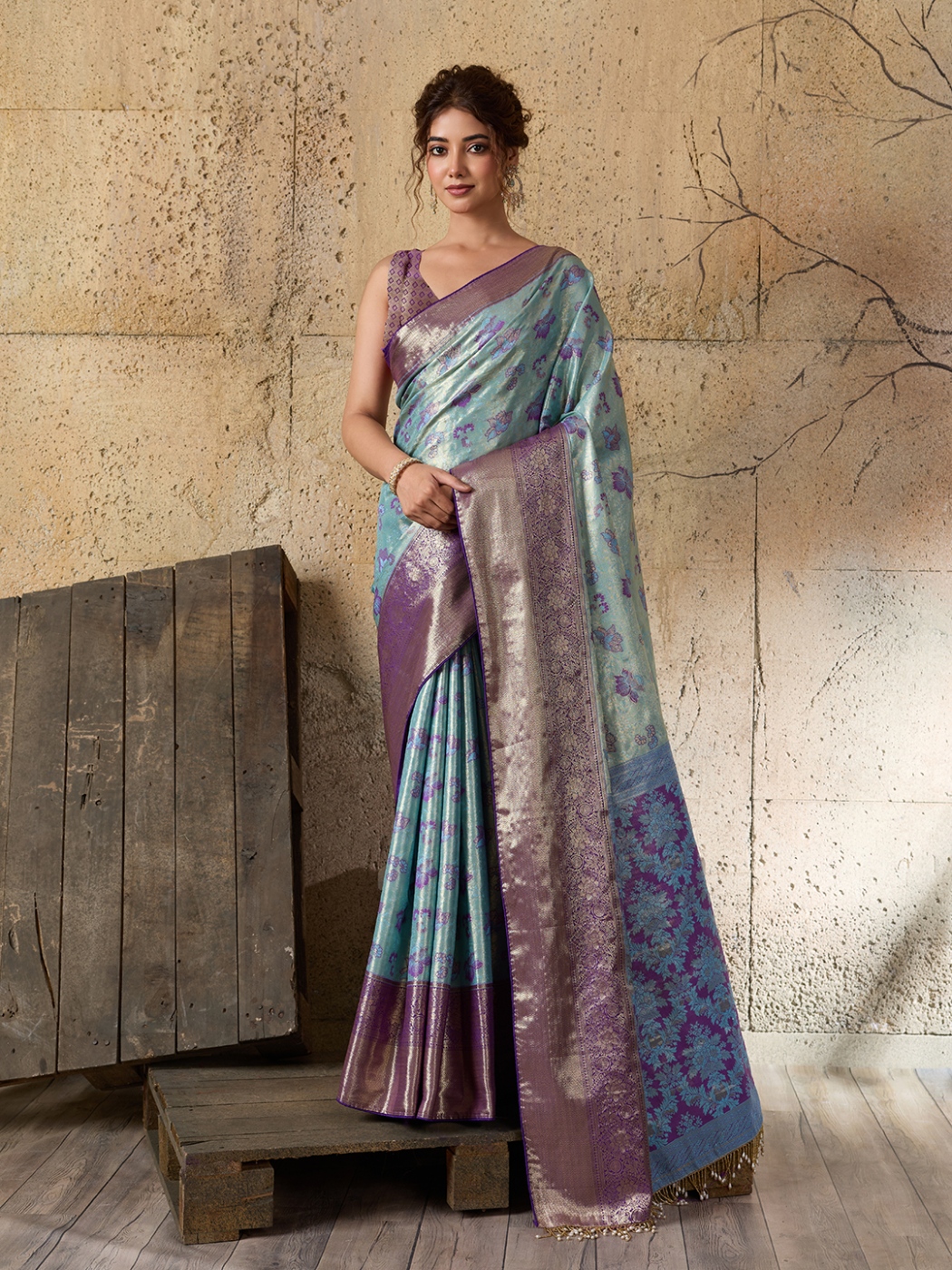 Sky Blue Violet Floral Woven Soft Silk Designer Saree