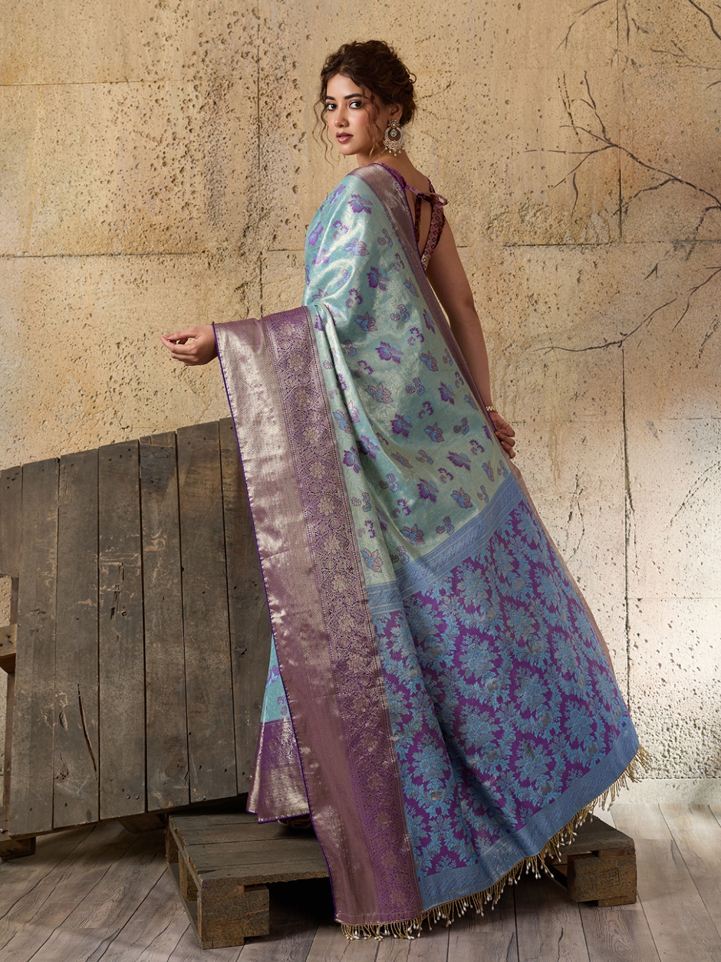 Sky Blue Violet Floral Woven Soft Silk Designer Saree — alternate view