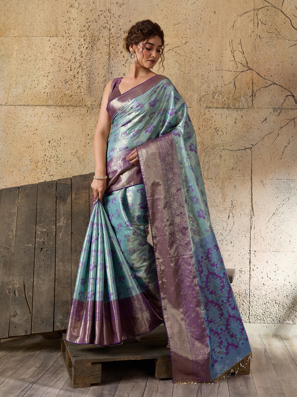 Sky Blue Violet Floral Woven Soft Silk Designer Saree